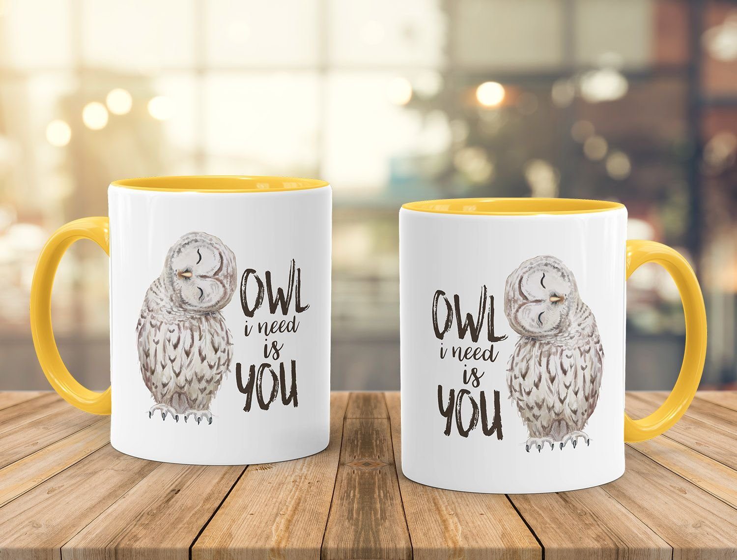 MoonWorks®, Tasse Eule Keramik Partnerschaft is Owl gelb Geschenk MoonWorks Weihnachten Liebe Valentinstag Ehe need I you Kaffee-Tasse Spruch