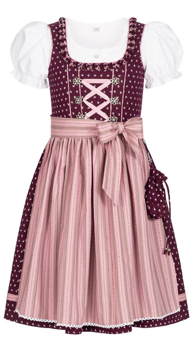 Nübler Dirndl Kinderdirndl 3-teilig Nabilia in Weinrot von Nübler 3 teiliges Set aus Dirndl, Bluse und Schürze, Kinder Tracht im Original bayerischen Stil