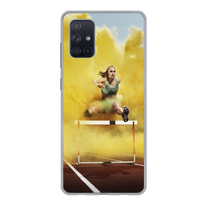 MuchoWow Handyhülle Sportler springt durch gelben Rauch Handyhülle Samsung Galaxy A51 5G Smartphone-Bumper Print Handy