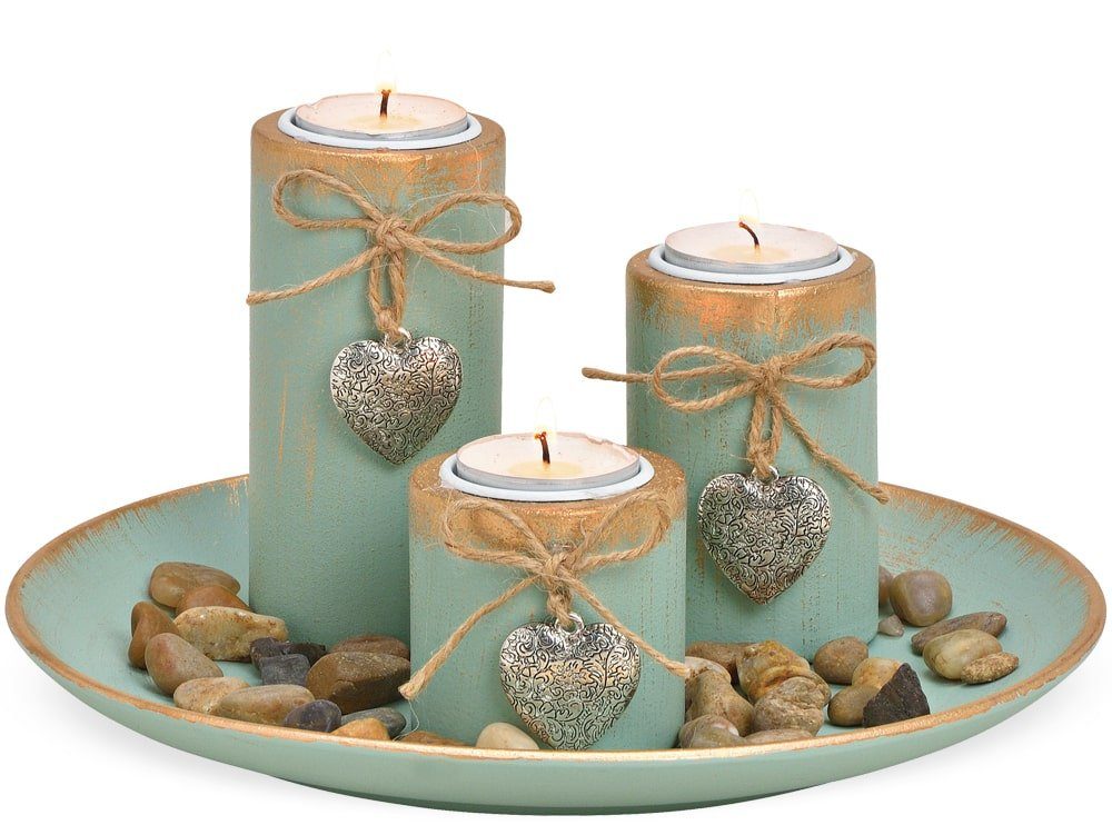 matches21 HOME & HOBBY Kerzenständer Windlichter auf Tablett Geschenkset mit Dekosteinen grün 4-tlg
