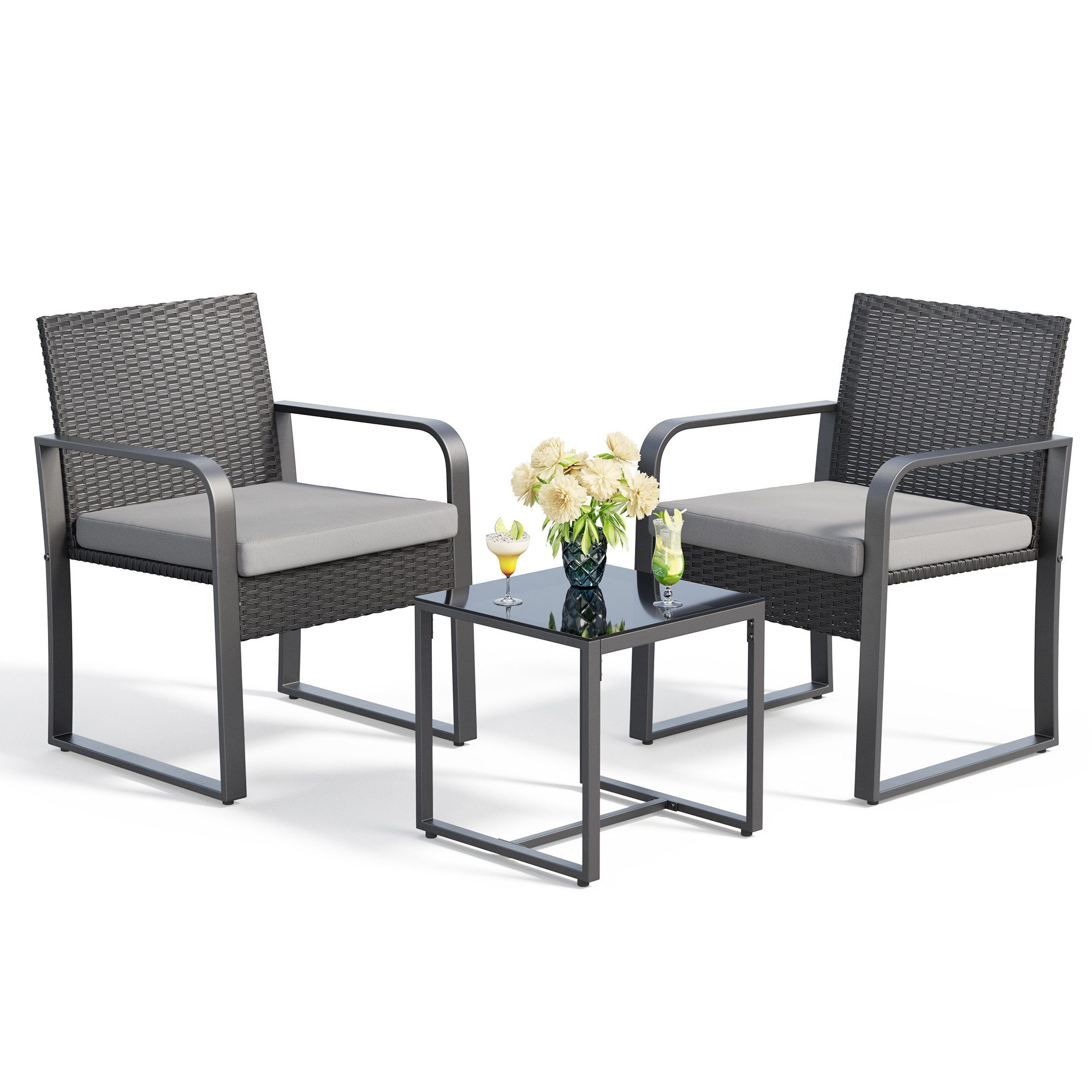 Blishom Balkonset 3-tlg. Garten-Sitzgruppe 2 Gartensessel Glas-Beistelltisch, 2 Gartensessel mit abnehmbaren Sitzkissen wetterfest
