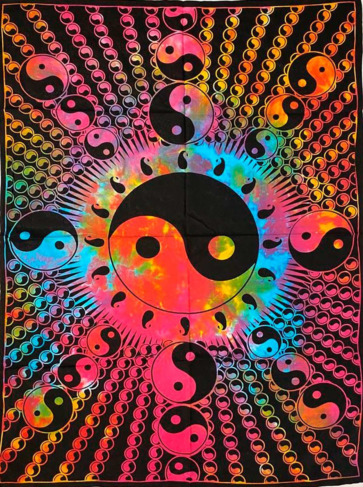 KUNST UND MAGIE Wandteppich Tagesdecke Wandbehang Buntes Tuch Ying & Yang Mandala ca. 200 x 135 cm