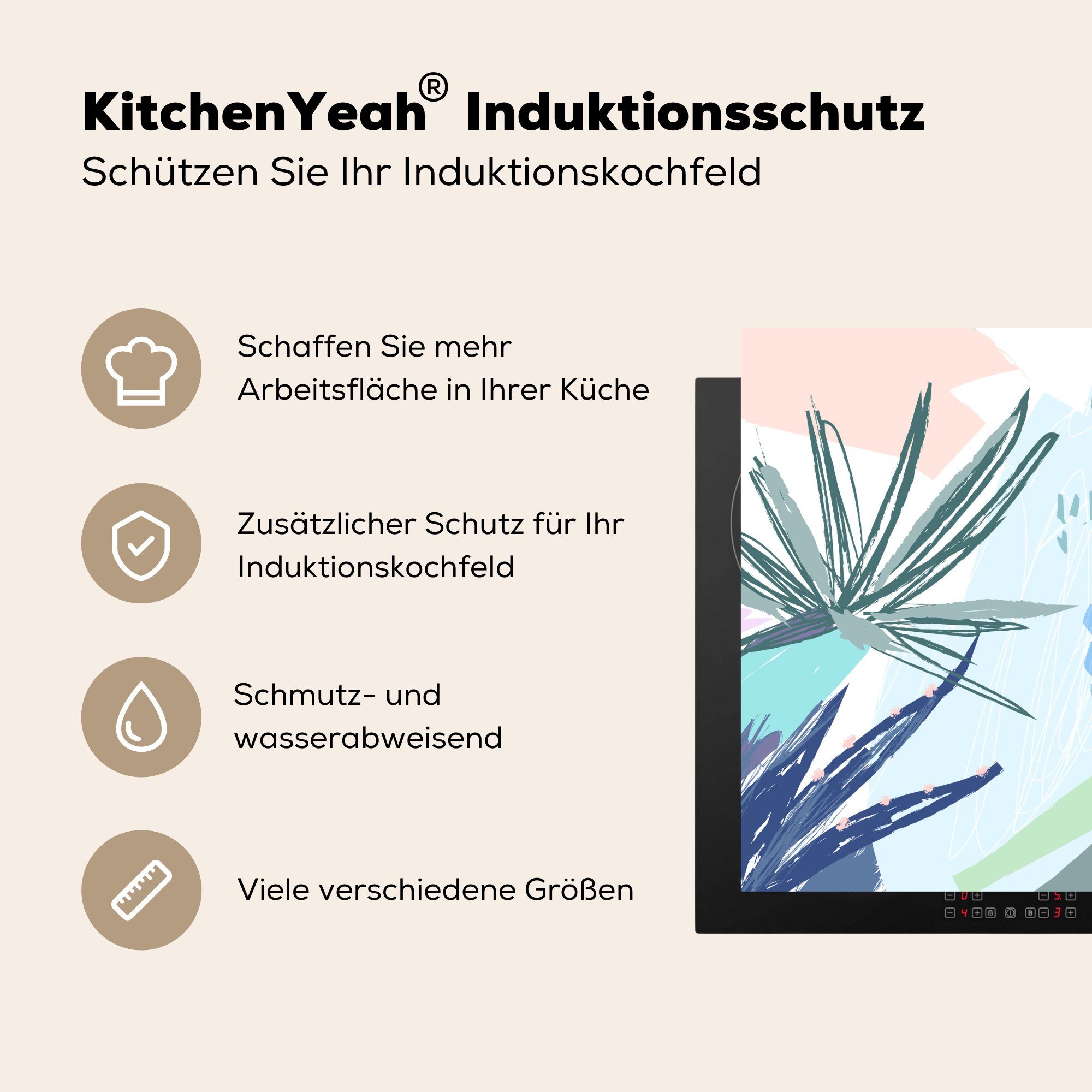 Ceranfeldabdeckung, (1 für - Herdblende-/Abdeckplatte küche - Vinyl, Blau 78x78 MuchoWow Pflanze, Sommer Arbeitsplatte cm, tlg), Tropisch -