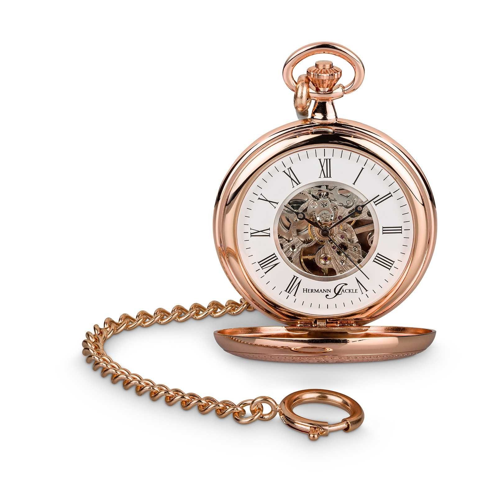 Hermann Jäckle Taschenuhr Marbach Skelett Rose Handaufzug Mineralglas 50 mm, mit Kette und Etui