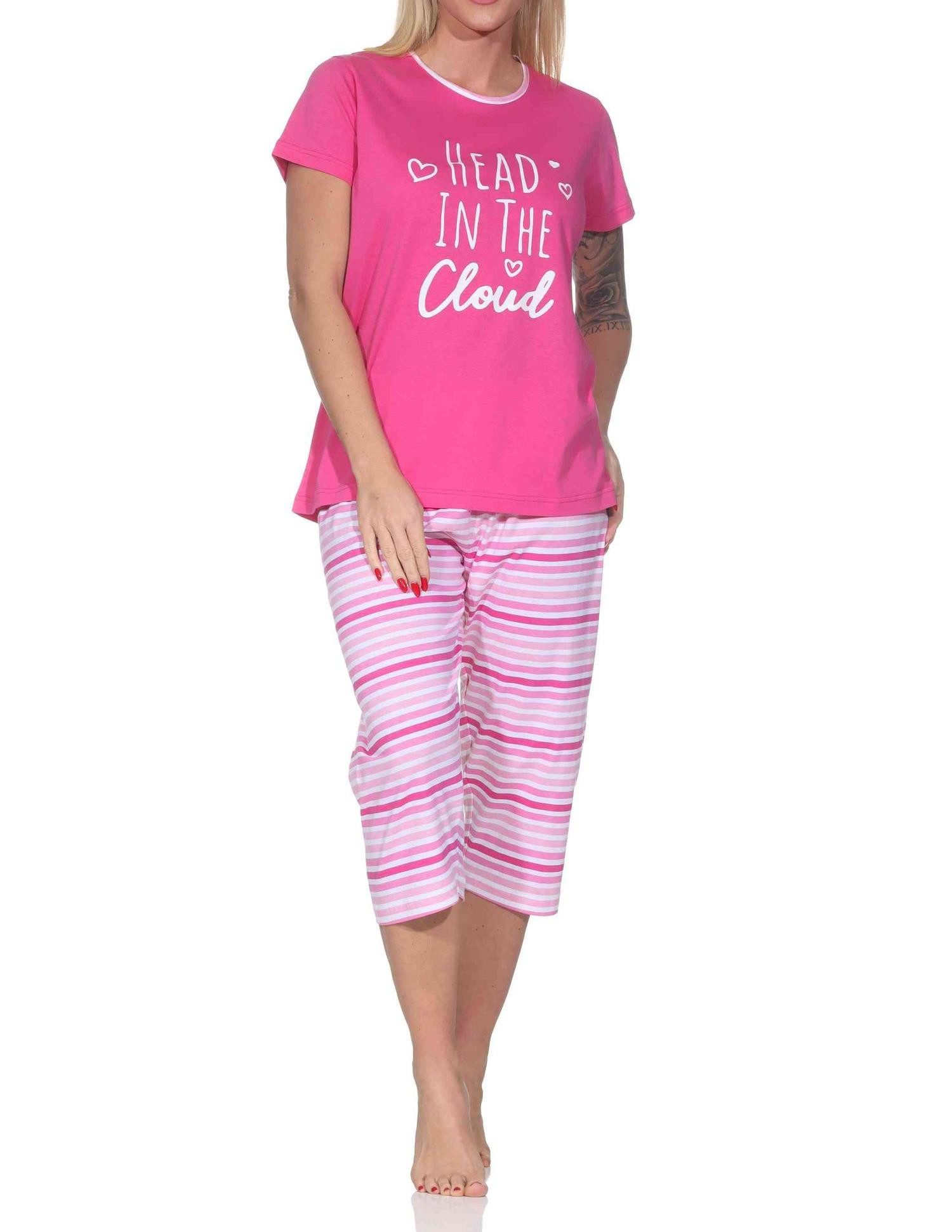 Normann Pyjama Normann Damen Schlafanzug kurzarm mit gestreifter Capri-Pyjamahose
