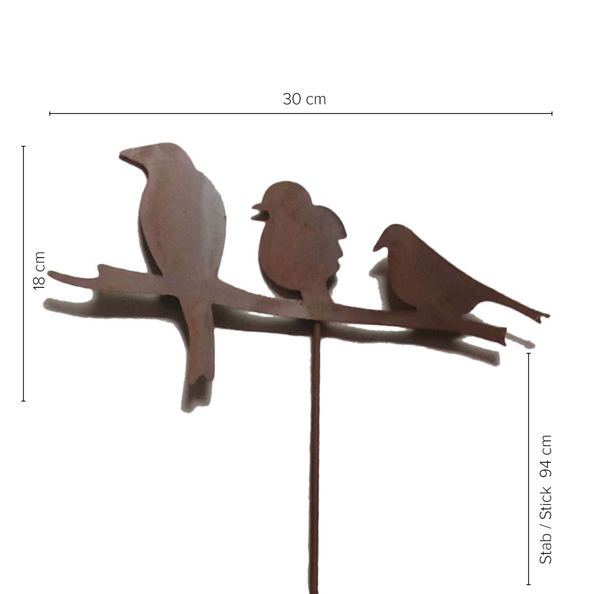 UNUS GARDEN Gartenstecker Metallstecker 3 Vögel Rostoptik Gartendeko für Beet und Kübel (1-St)
