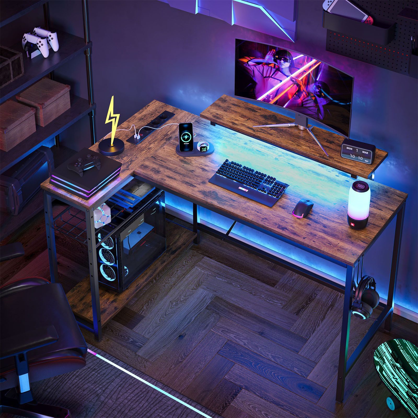 Bestier Gamingtisch L-förmiger Gaming Schreibtisch, 122x82cm Schreibtisch mit Regal (Eckschreibtisch mit USB Ladeanschluss & Steckdose, Tablett mit Ständer), mit Monitorständer Stauraum, Haken & Regal, reversibel
