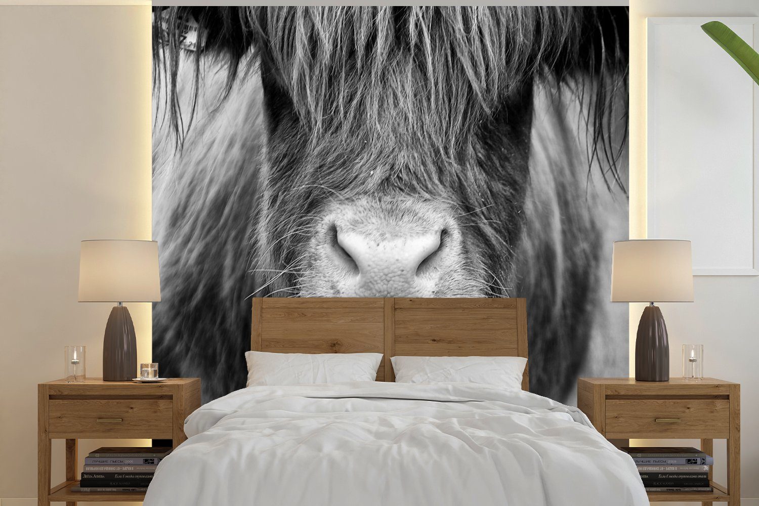 MuchoWow Fototapete Schottischer Highlander - Kuh - Schwarz - Weiß - Tiere, Matt, bedruckt, (4 St), Vliestapete für Wohnzimmer Schlafzimmer Küche, Fototapete