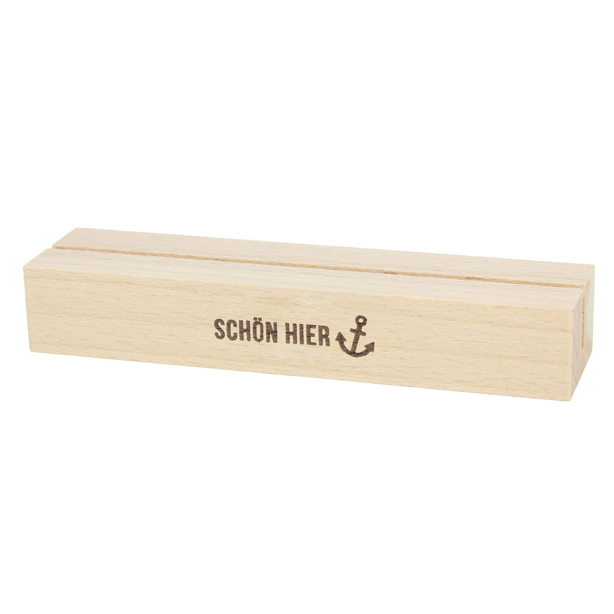 Bow & Hummingbird Tischkartenhalter Kartenständer „Schön hier“ aus nachhaltigem Buchenholz, (Fotohalter & Postkartenhalter Holz), maritimer Kartenhalter mit Anker