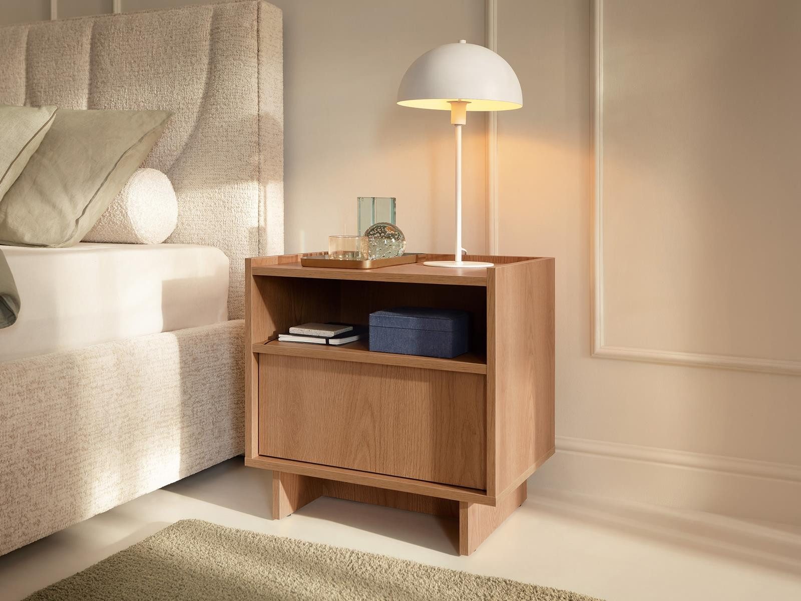 Compleo Nachttisch mit Schublade KELLOS, Japandi design, Möbelfarbe: Eiche Karamell