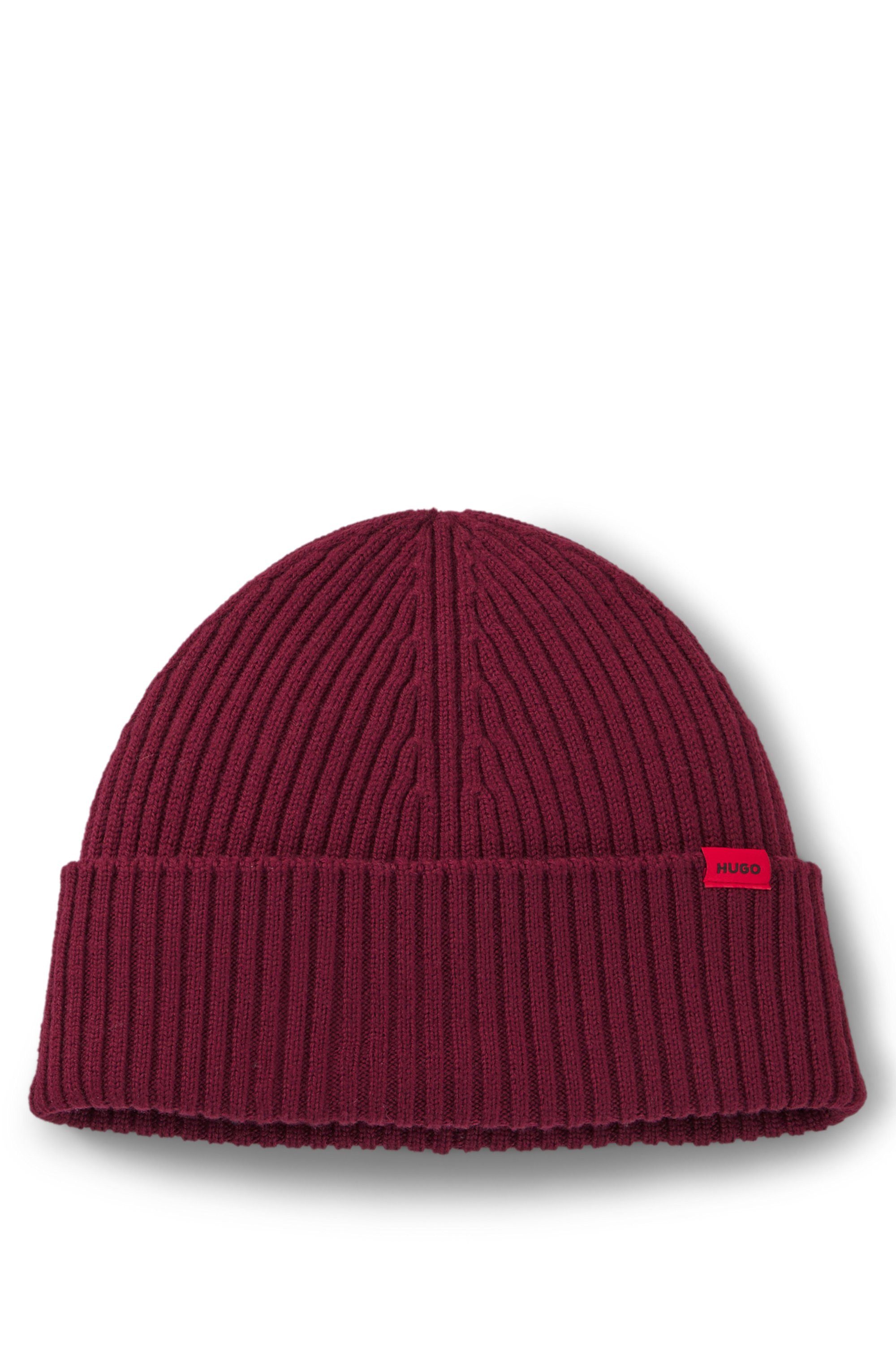 HUGO Beanie Xola mit Labelaufnäher, reine Wolle, unisex