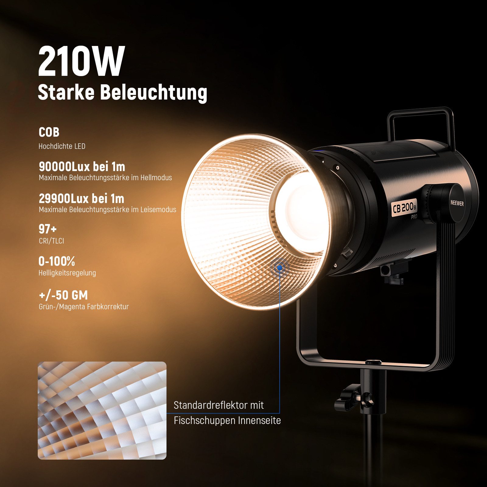 Neewer Videoleuchte CB200B 210W COB Bi-Color LED Videoleuchte Studiolicht, mit 2,4G/APP Fernbedienung, 2700K-6500K, CRI97+, 12 Effekte – Bild 2 von 5