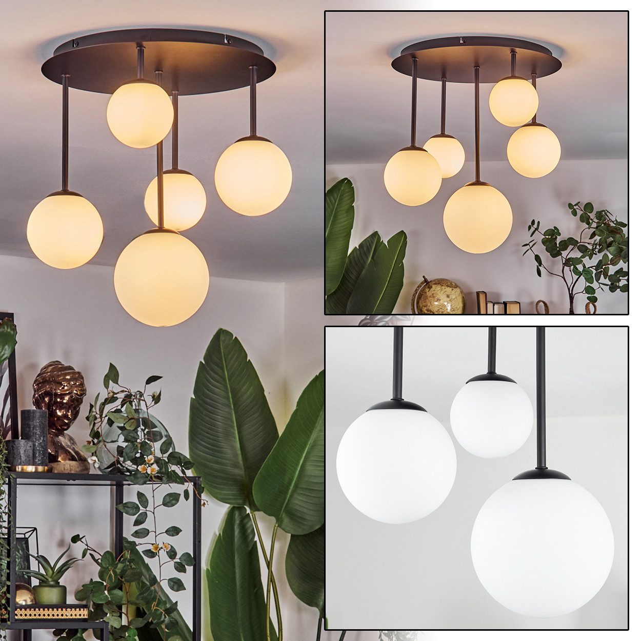 hofstein Deckenleuchte Deckenlampe aus Metall/Glas in Schwarz/Weiß, Deckenleuchte im Retro/Vintage-Design (Schirme Ø 10; 12; 15cm), 5 x G9
