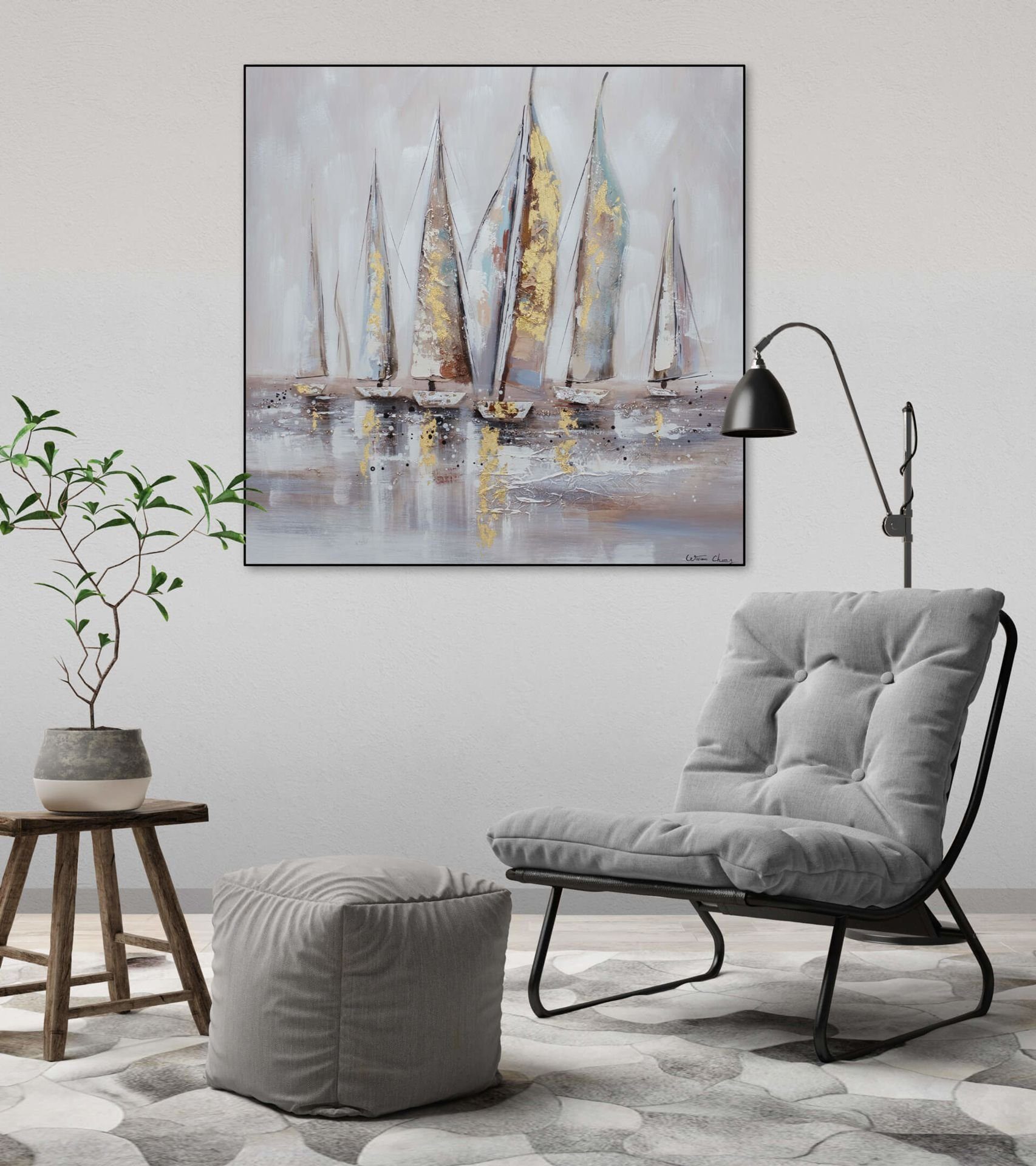 HANDGEMALT Wandbild Wind im KUNSTLOFT 80x80 100% Gemälde Segel Leinwandbild Wohnzimmer cm,