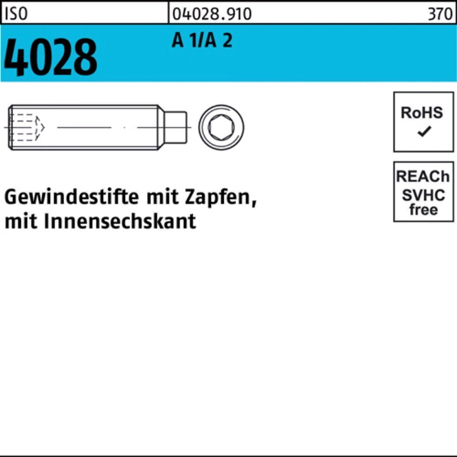 Reyher Gewindebolzen 500er 12 4028 S Zapfen/Innen-6kt Pack M3x 1/A 500 2 A Gewindestift ISO