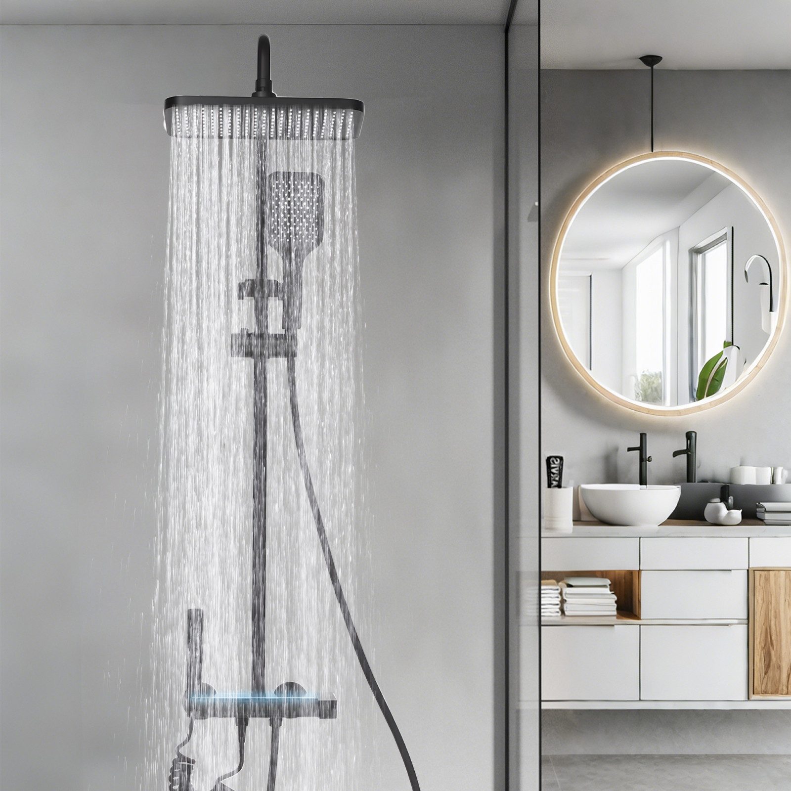 oyajia Brausegarnitur Premium Duschsystem mit LED-Panel, Höhenverstellung,Kalt-Heiß-Regelung, 4 Strahlart(en), 4-in-1 Duschset aus Alu mit Regendusche, Handbrause & Massagestrahl