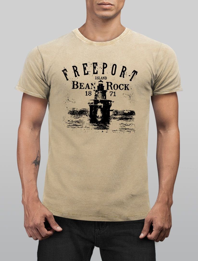 Neverless Print-Shirt Herren Vintage Freeport Leuchturm Neverless® Schriftzug Shirt Print mit Island Retro Print natur