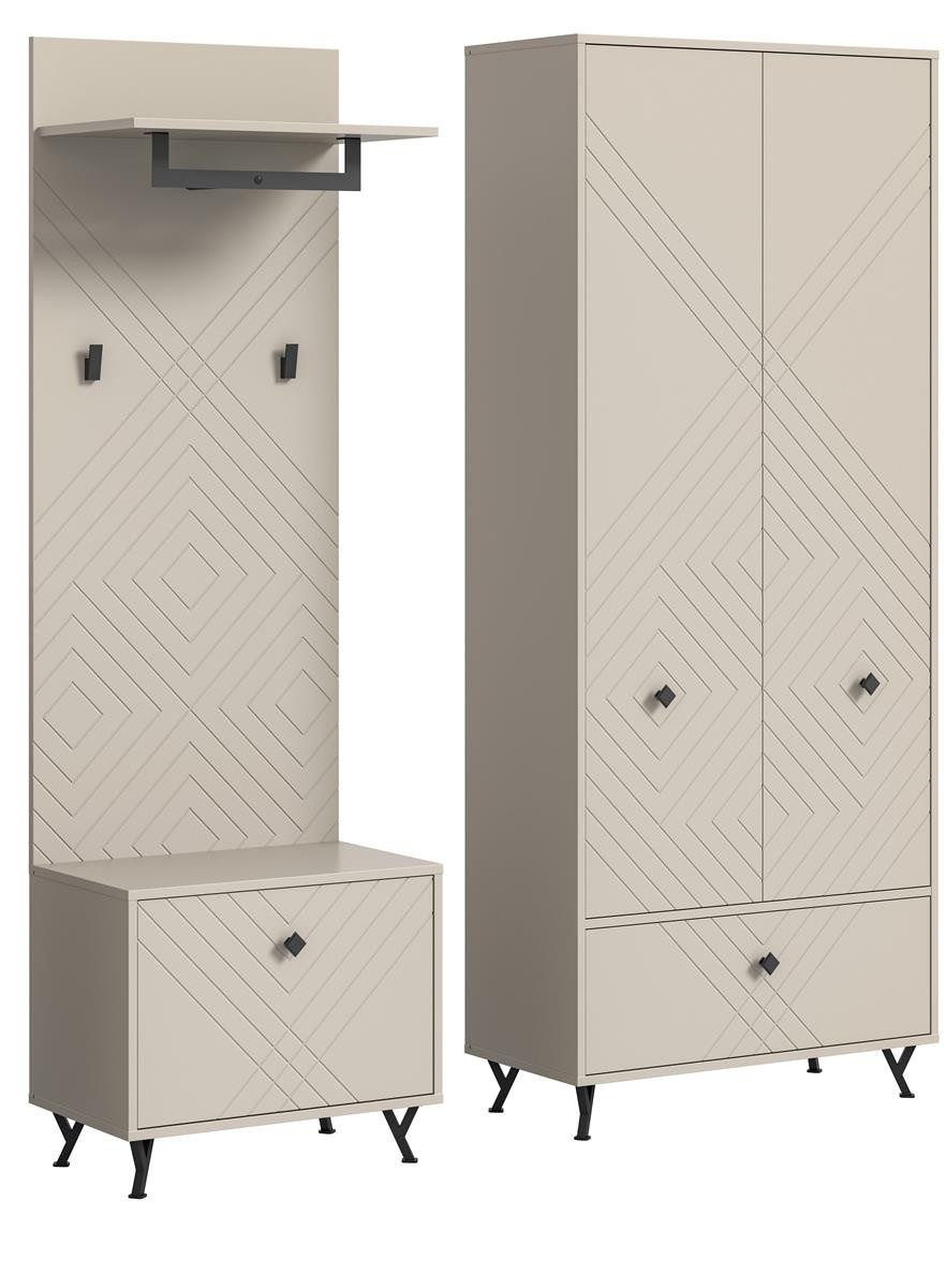 möbelvita Шафи-Set Memo Шафиkombination B/H/T 195x190x35 in sandbeige, (1x Шафиschrank, 1x Sitzbank, 1x Paneel), Front mit gefrästen Ornamenten