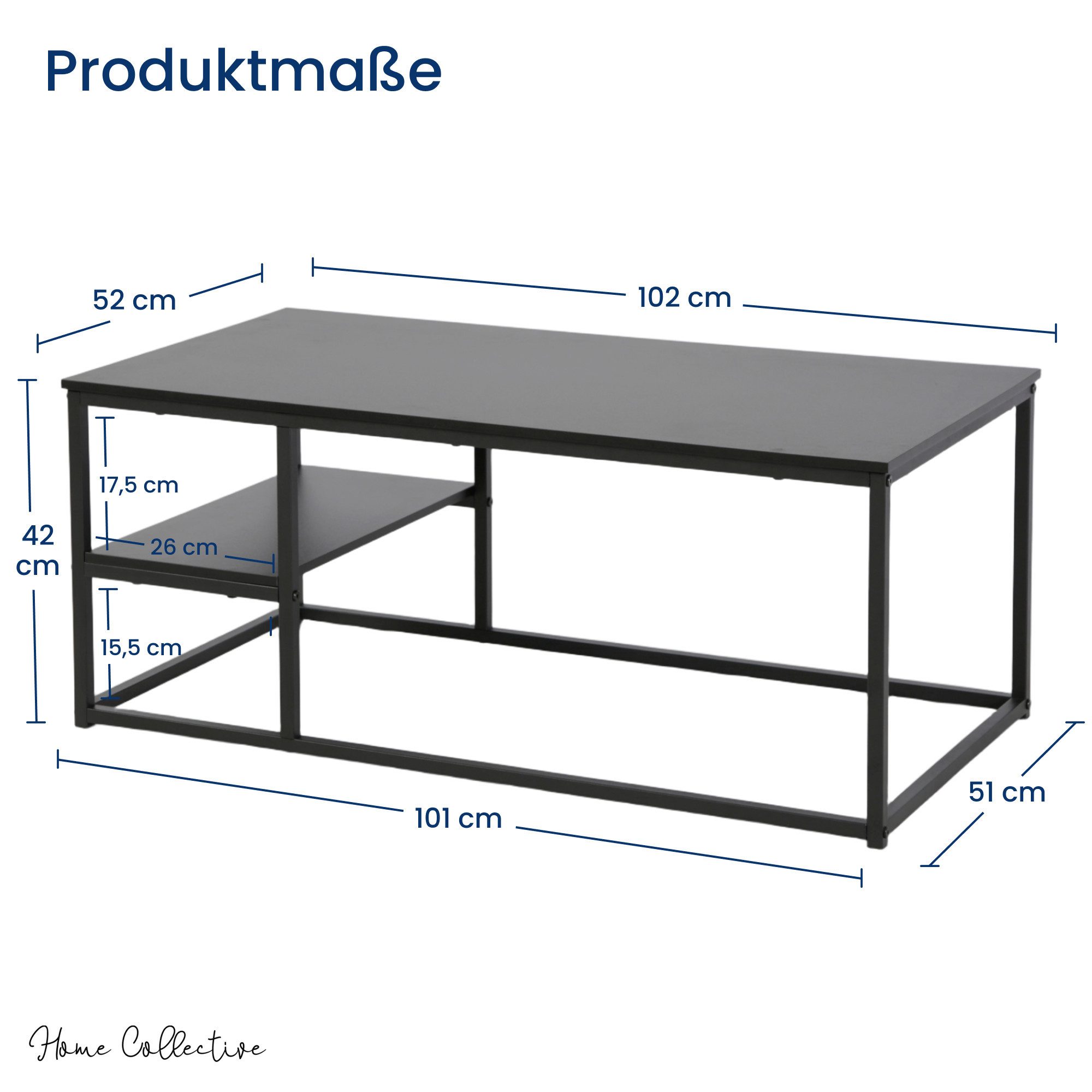 Home Collective Couchtisch Beistelltisch Wohnzimmertisch Tisch Couch Mit Ablage, Mit Metallrahmen, 102x52x42 cm (BxTxH), Schwarz