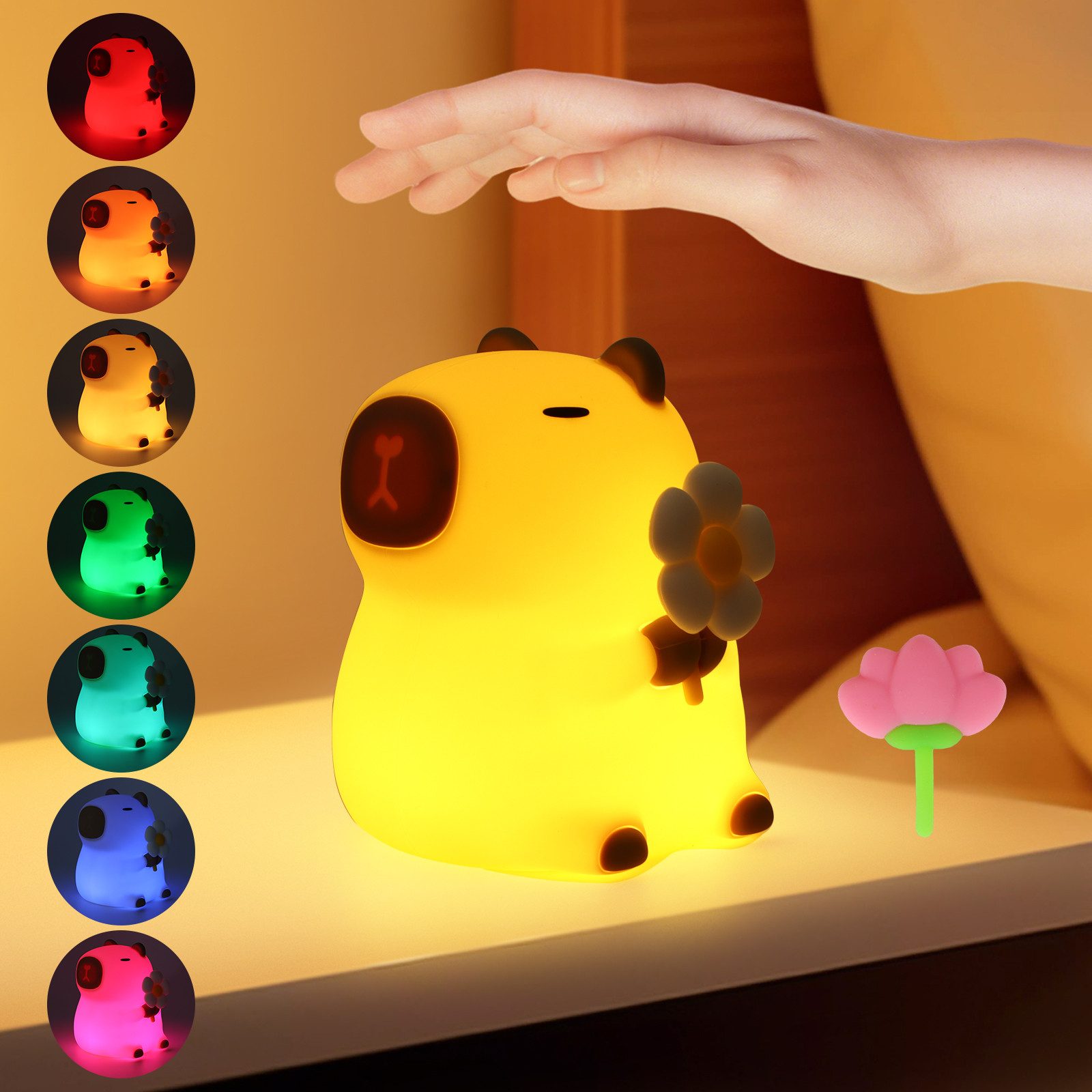 BlingBin LED Nachtlicht Capybara Silikon Nachttischlampe, Dimmbar Touch Control Kinderlicht, RGB Farbwechsel, USB Aufladbar und Dimmbar, LED fest integriert, Warmweiß, RGB, LED Kabellos Tierlampe, Dekor Lampe Für Kinderzimmer Schlafzimmer