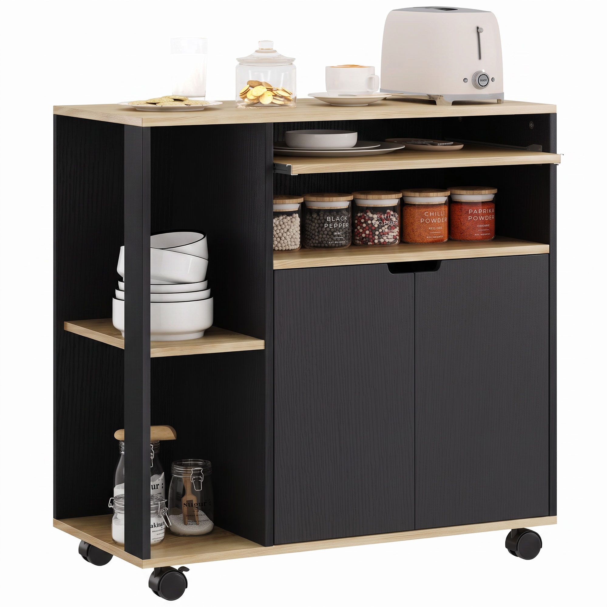 HOMCOM Küchenwagen Servierwagen Küchenregal mit Rollen, Griff, (Set, 1 St., 1), für Küche Bad Büro Wohnzimmer Schwarz – Bild 2 von 5