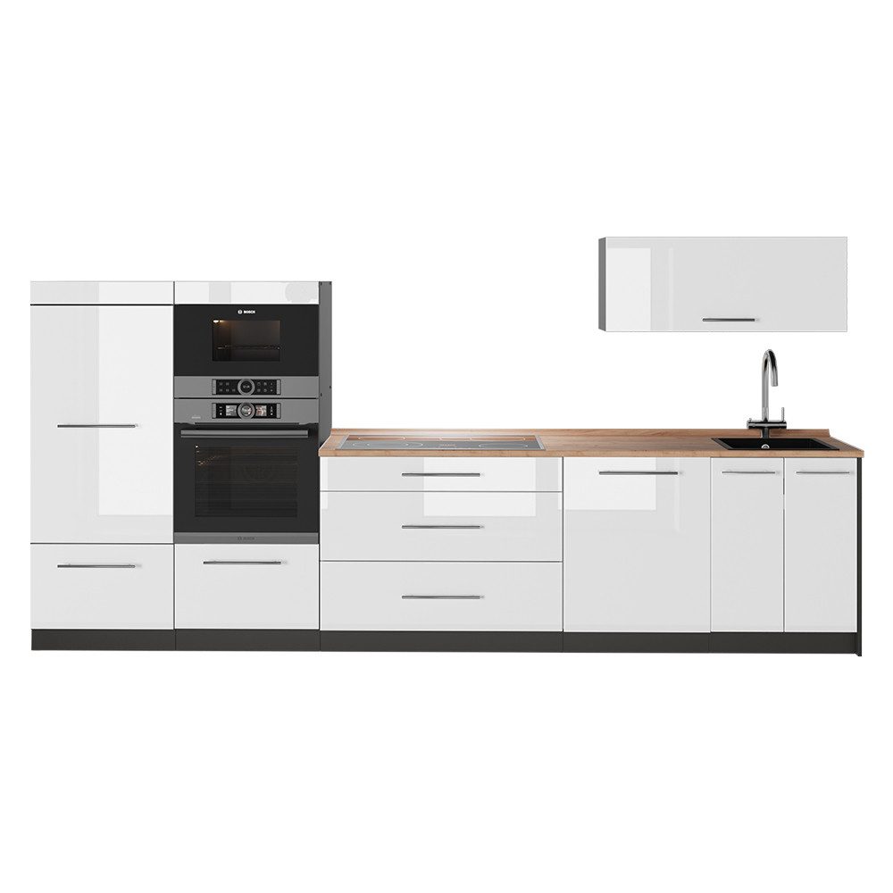Vicco Küchenzeile Fame-Line, Weiß Hochglanz/Anthrazit, 340 cm, AP Eiche