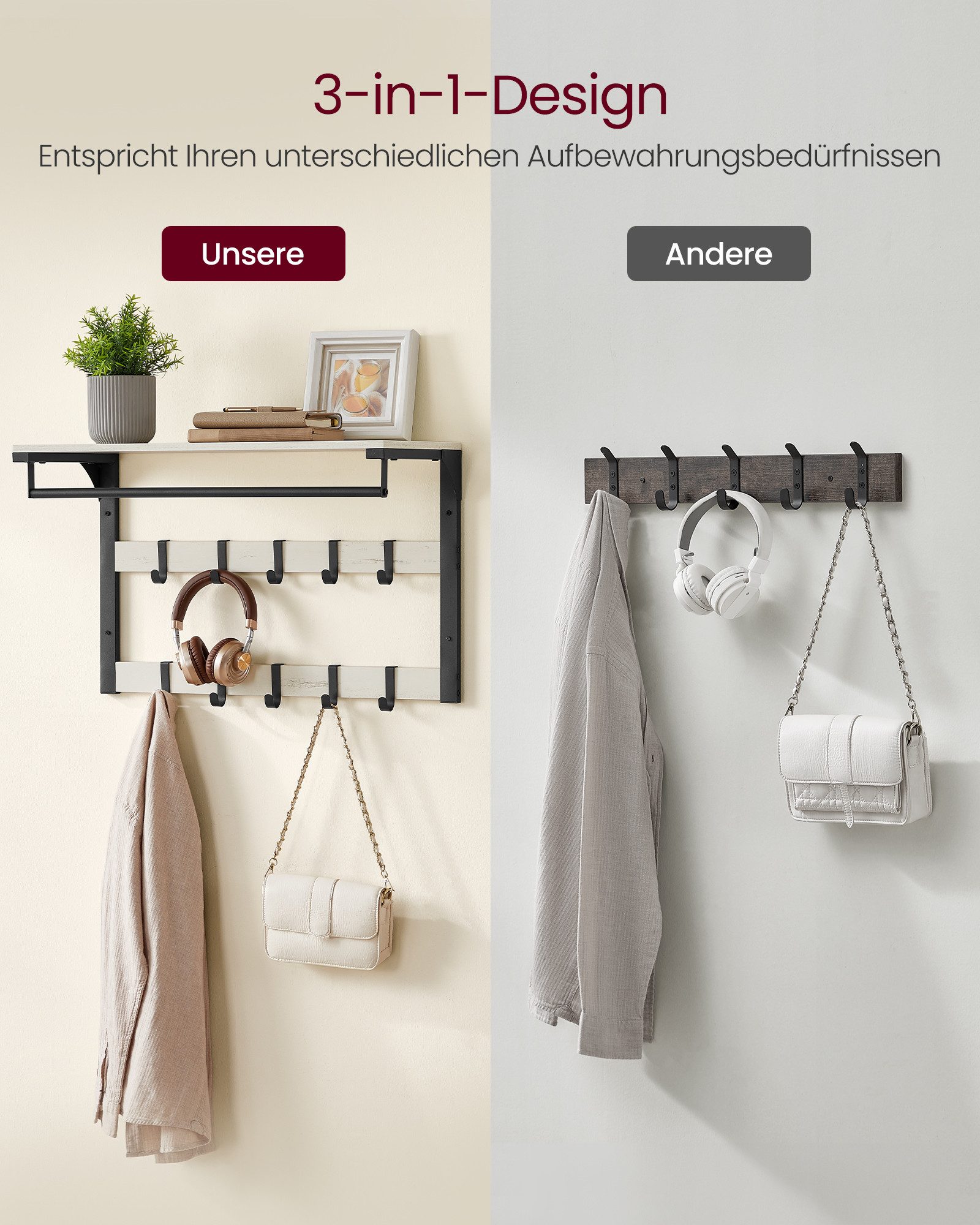 VASAGLE Wandgarderobe, mit Ablage, Wandregal mit 10 Haken, Hängeregal, Flur Schlafzimmer