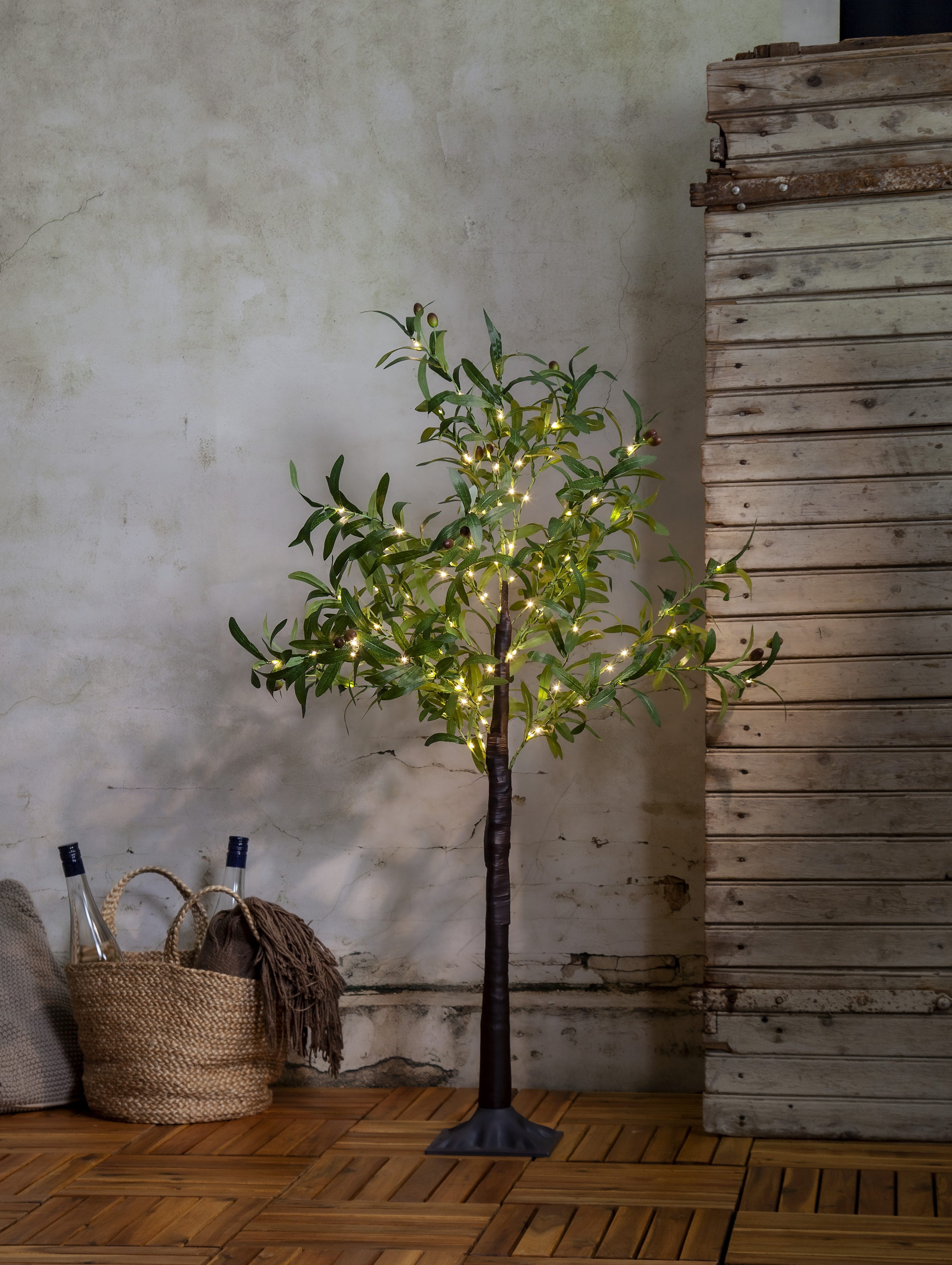 STAR TRADING LED Baum Deko-Baum Olivec, LED fest integriert, Warmweiß, Mediterrane Olivenbaum-Optik, LEDs warmweiß, 120cm Höhe, Außentrafo