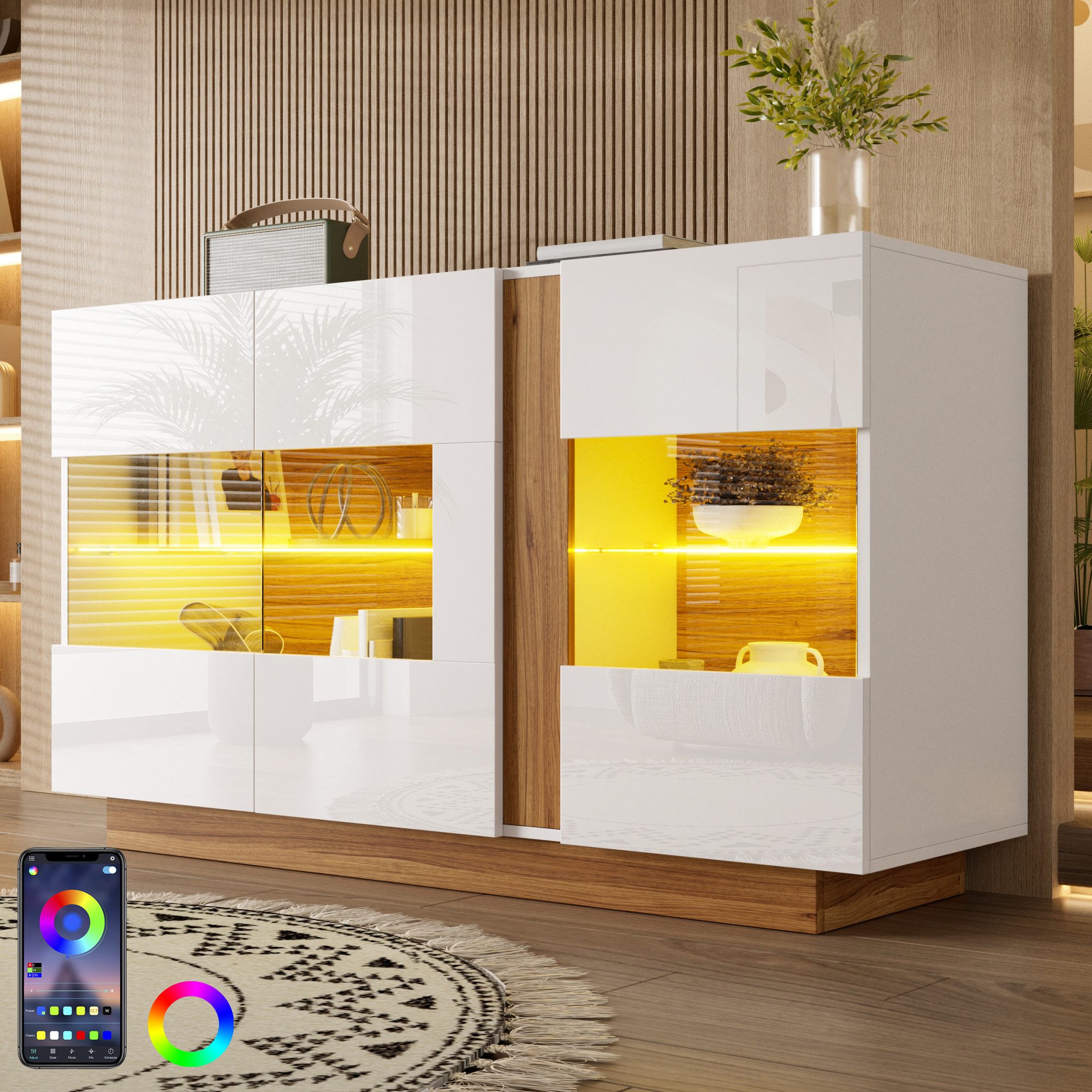 Flieks Sideboard mit LED-Beleuchtung, 3 Acryl-Türen, 2 Glaseinlegeböden, 4 Fächern (120×38×80 cm, 1 St., Multifunktionsschrank für Wohnzimmer, Schlafzimmer, Esszimmmer), Kommode Mehrzweckschrank Holzoptik Natur & Hochglanz Weiß