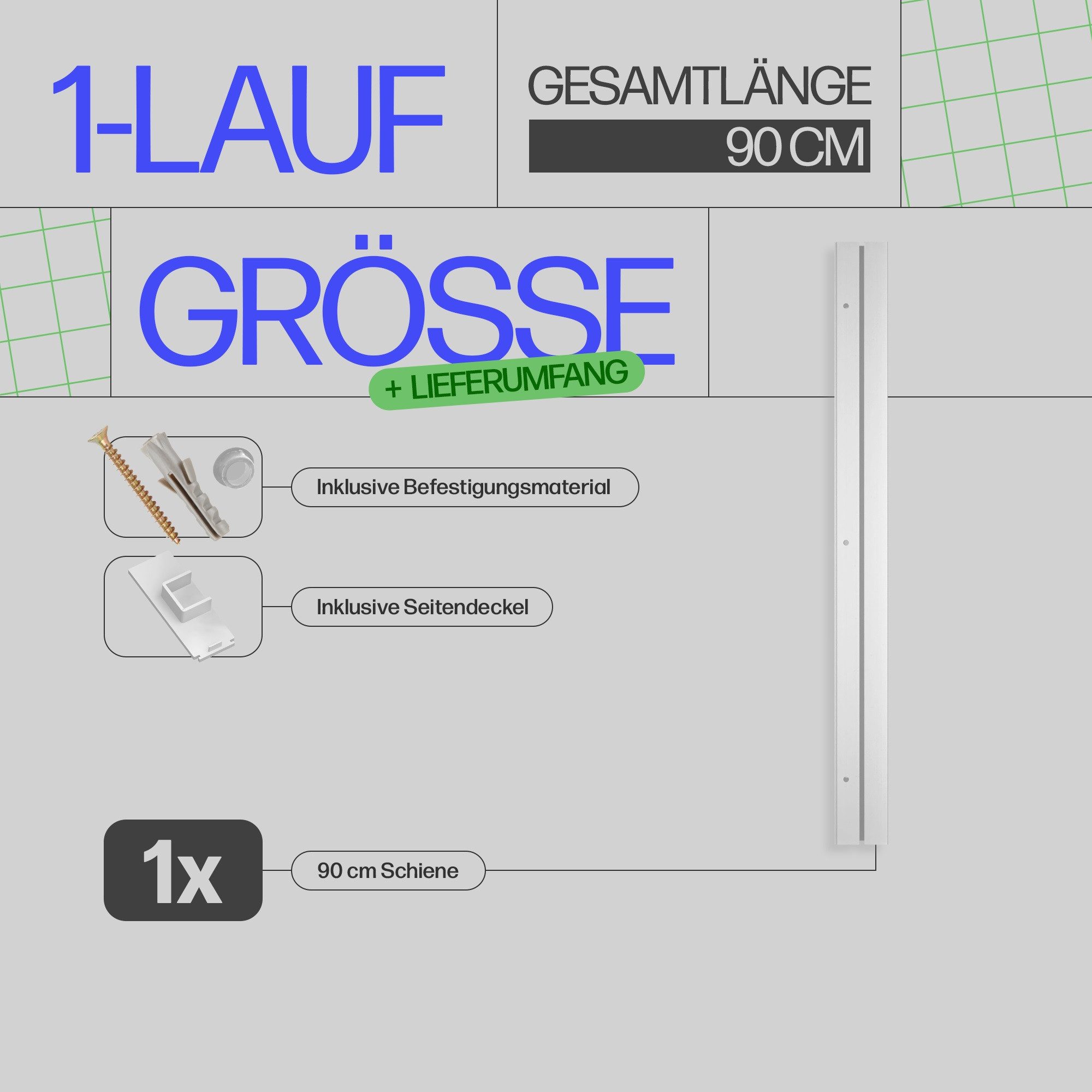 Bestlivings Gardinenschiene Innenlauf Komplettset 90-480 cm, 1-läufig, 90 cm, mit Bohren, verschraubt, Kunststoff, flach, weiß, inkl. Befestigungsset