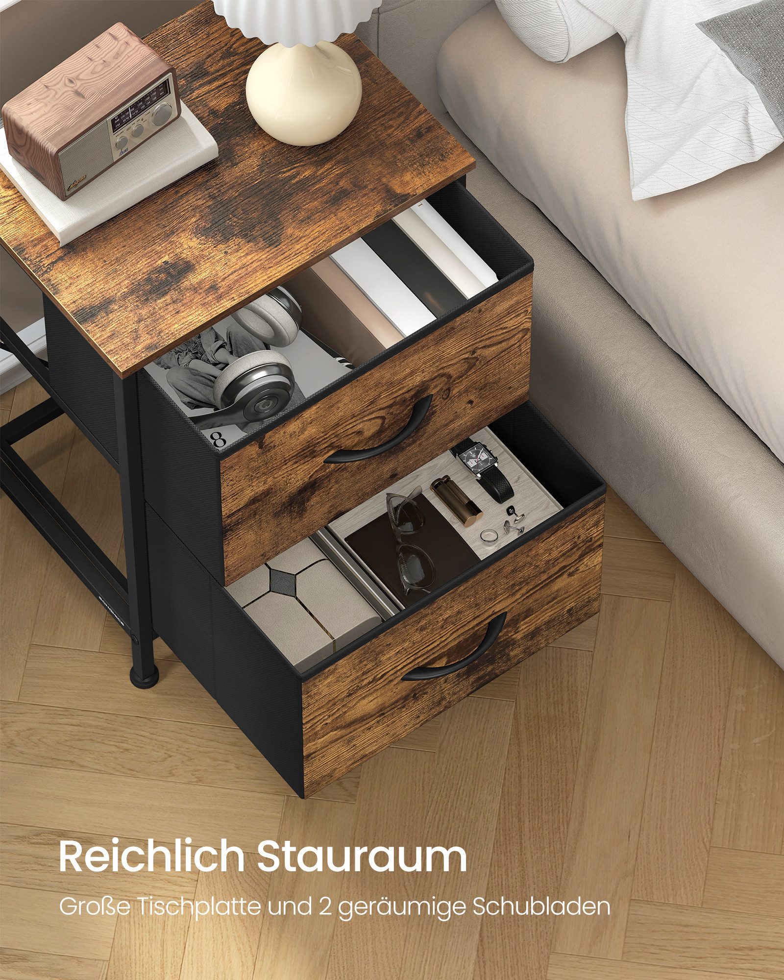 SONGMICS Nachttisch mit 2 Schubladen, Beistelltisch, für Schlafzimmer, aus Stahl, modern und stilvoll