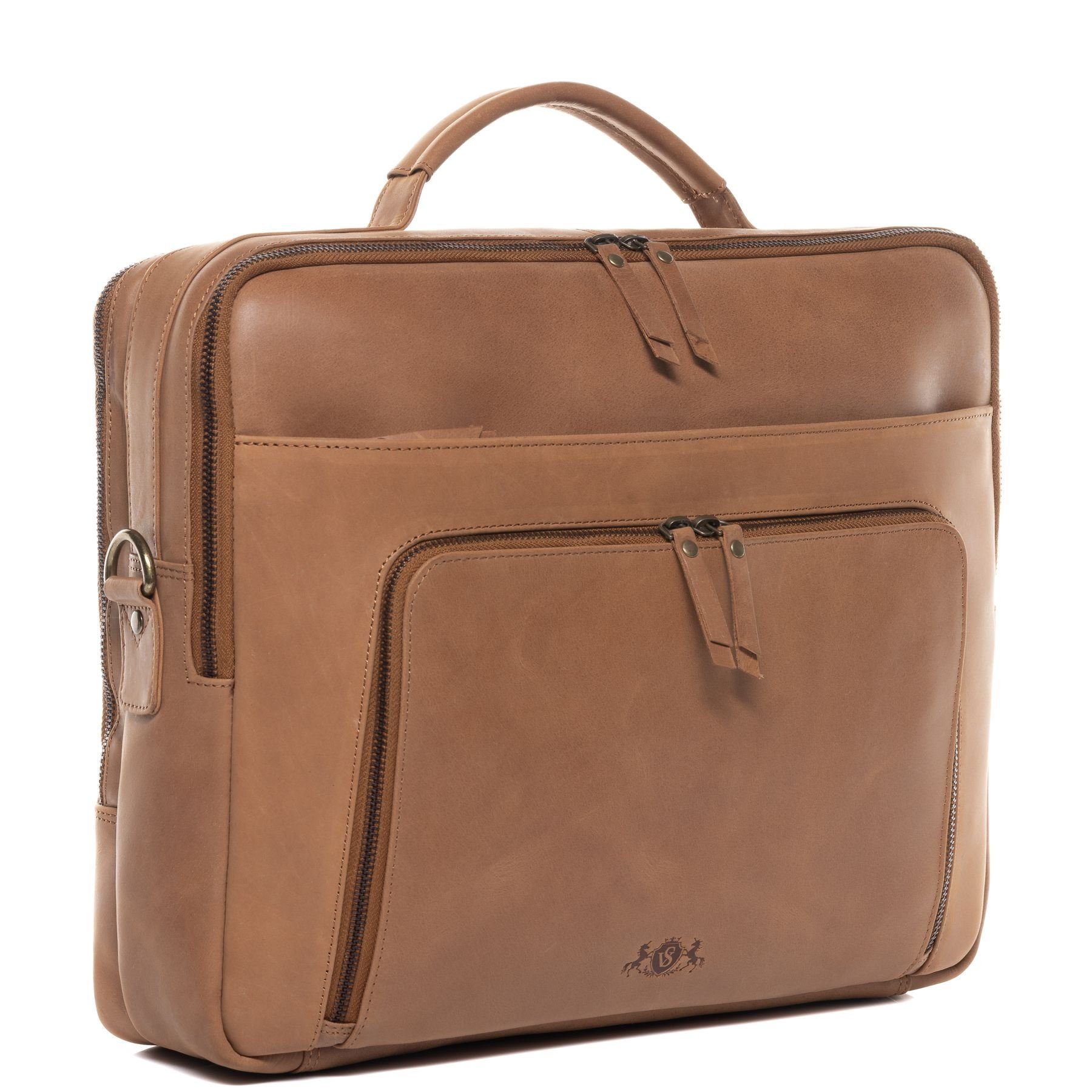 SID & VAIN Messenger Bag echt Leder Aktentasche 15 Zoll Laptop Fach braun, Laptoptasche 15,4 Zoll Echtleder, Businesstasche Damen Herren braun