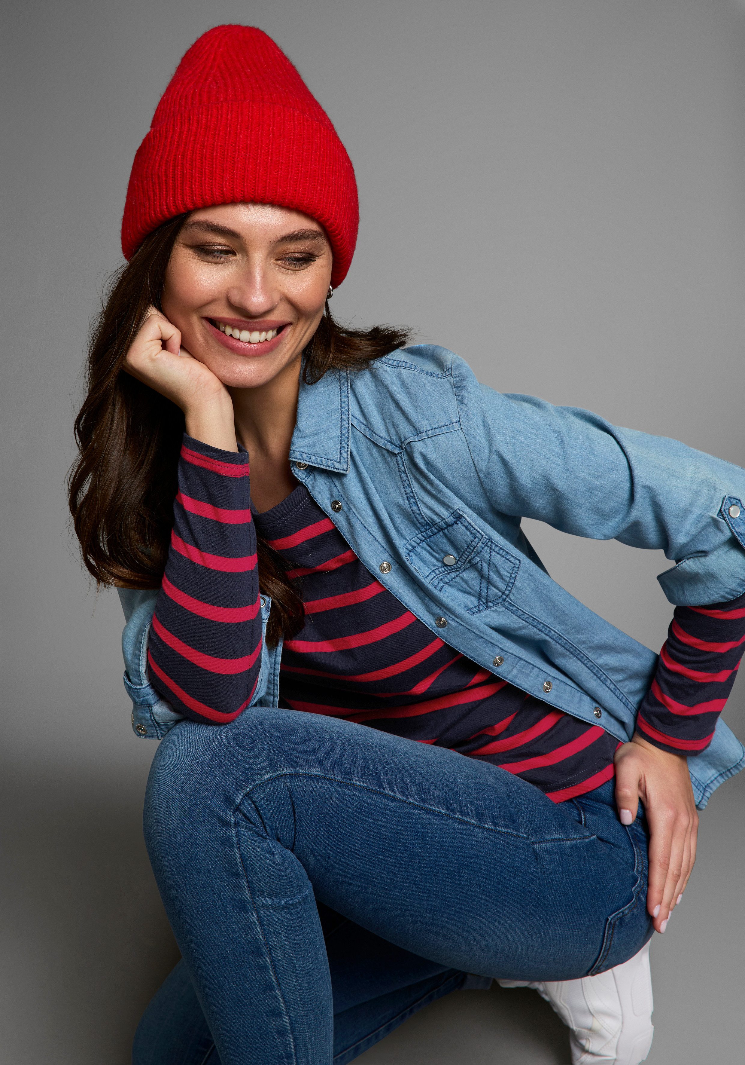 AJC Langarmshirt gestreift, Rundhalsausschnitt, aus Baumwolle, aus Single Jersey