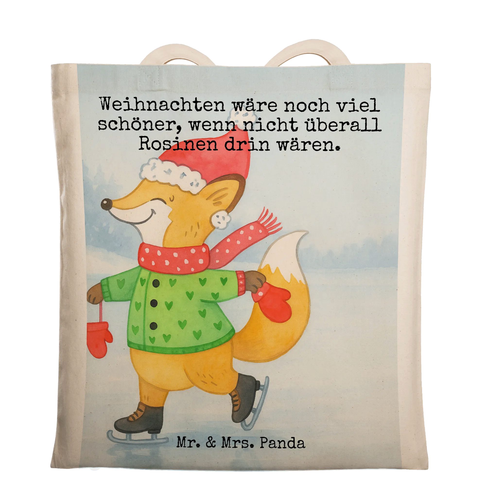 Mr. & Mrs. Panda Tragetasche Fuchs Schlittschuhe Design, Tragetasche, Weiß, Weihnachtsmann, Schul (Packung, 1-tlg), Badetasche Schultertasche Beuteltasche
