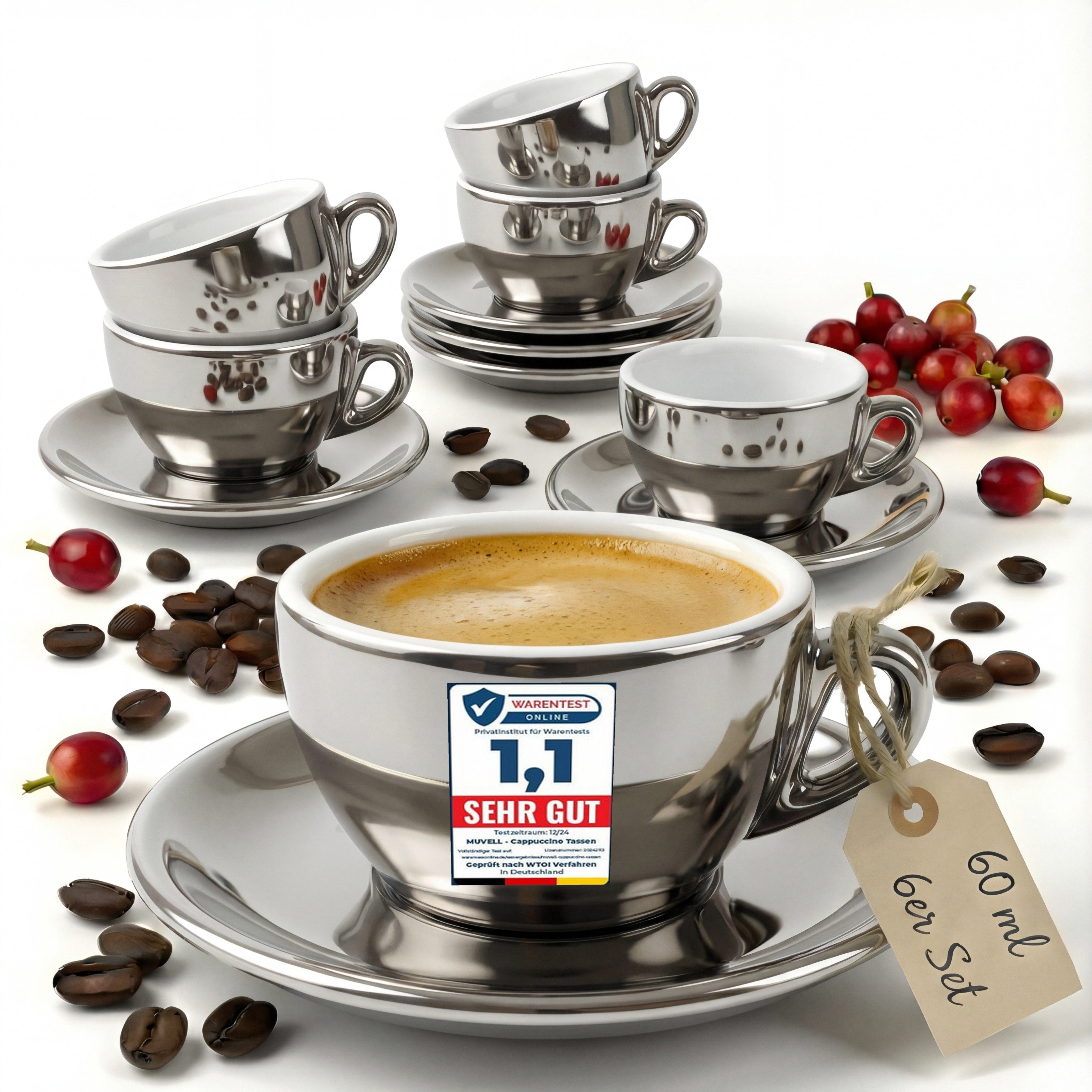 MUVELL Espressotasse 6x Espresso & Untertassen Set 0,8 cm dickwandig, chrome, 6-tlg., Keramik, 60 ml chrome mit weißen Rand und Innenfläche