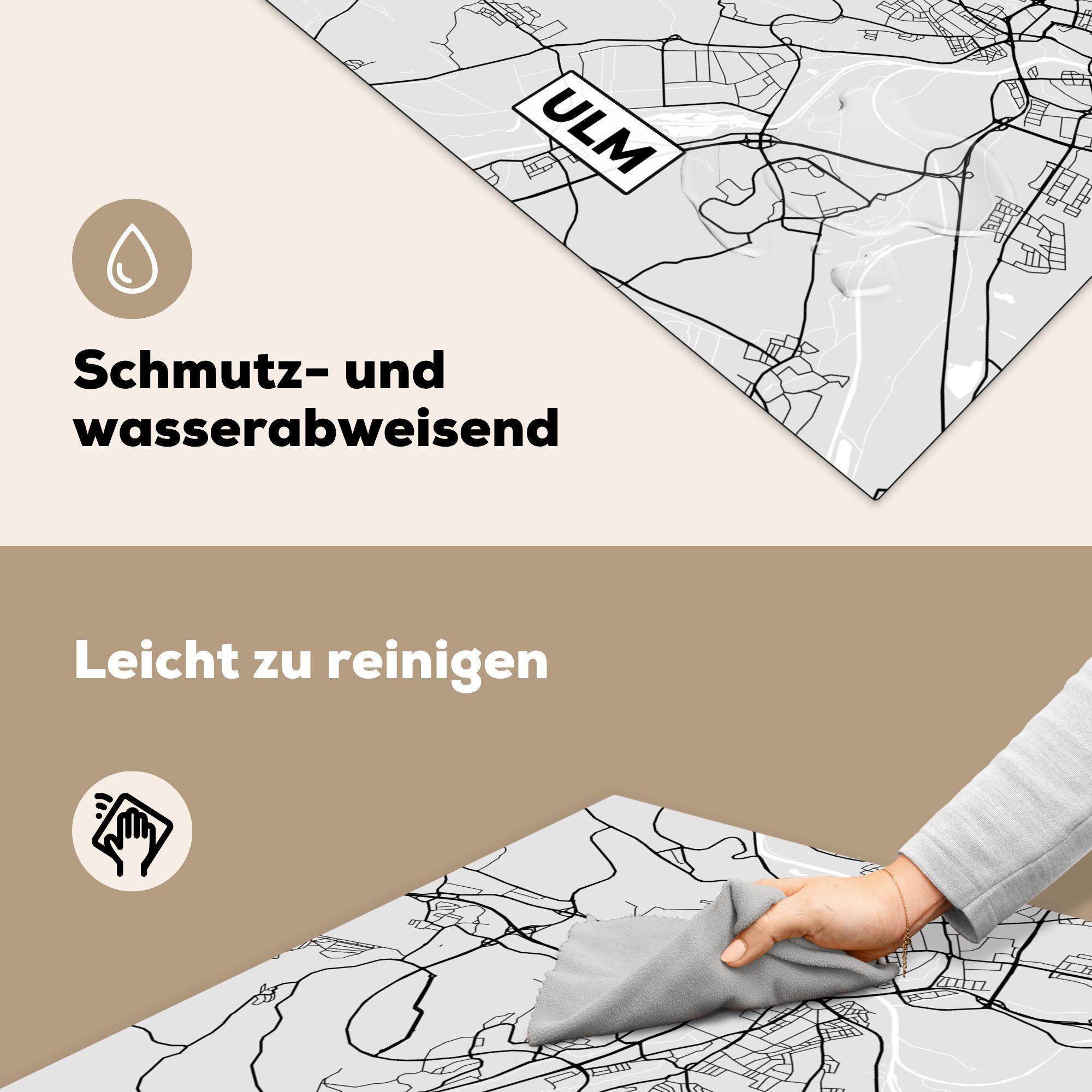 Stadtplan, für 78x78 Herdblende-/Abdeckplatte Vinyl, tlg), - MuchoWow Arbeitsplatte cm, Deutschland Karte - küche - Ceranfeldabdeckung, Ulm (1