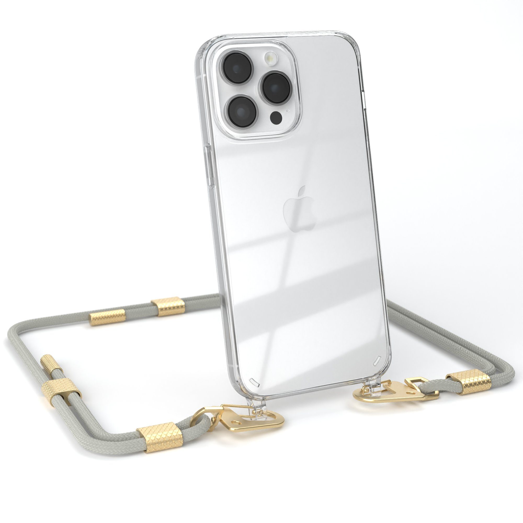 EAZY CASE Handykette Silikonhülle mit Kette für Apple iPhone 14 Pro Max 6,7 Zoll, Schutzhülle zum Umhängen Handyhülle mit Umhängeband Schwarz Grau Taupe