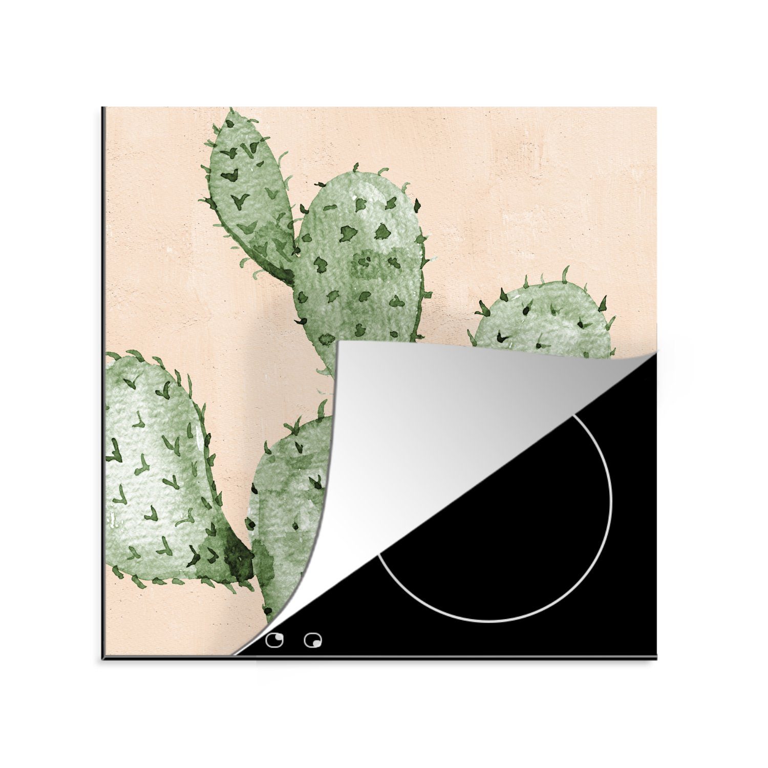 MuchoWow Herdblende-/Abdeckplatte Kaktus - Aquarell - Bohème - Tropisch, Vinyl, (1 tlg), 78x78 cm, Ceranfeldabdeckung, Arbeitsplatte für küche