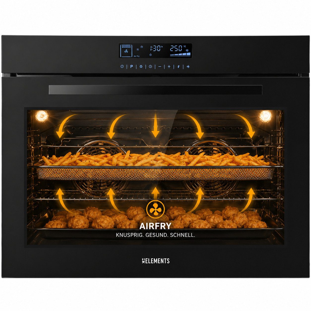 KB Elements Einbaubackofen 90 cm Einbaubackofen 125 Liter Air Fry Rotisserie Full Touch Display, mit 1-fach-Teleskopauszug, Air Fry, AQUA CLEAN,Full Touch,EEK A+