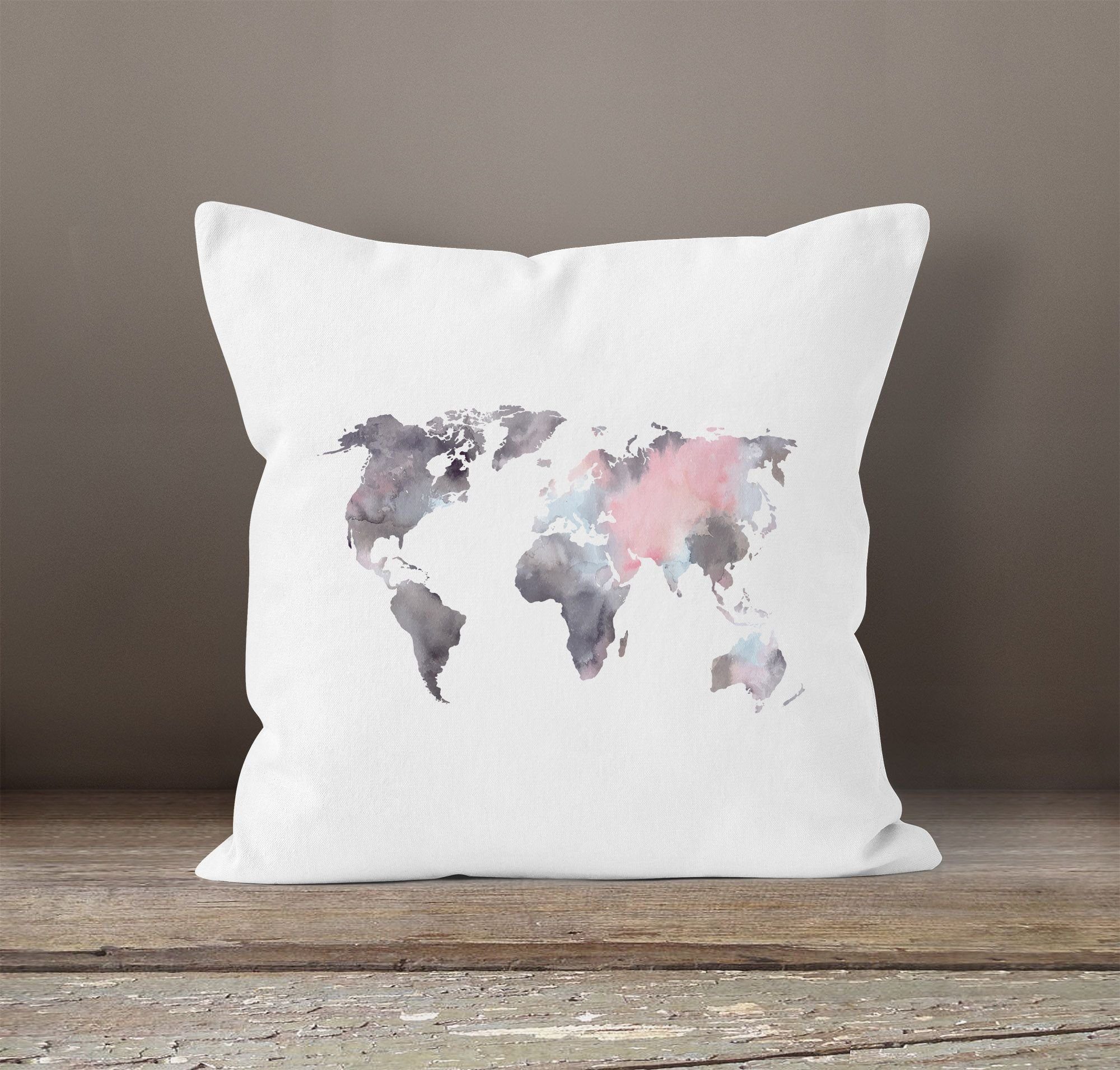 Autiga Dekokissen Kissenbezug Weltkarte Wasserfarben weiß Deko-Kissen Map Watercolor Autiga® World Baumwolle Kissen-Hülle
