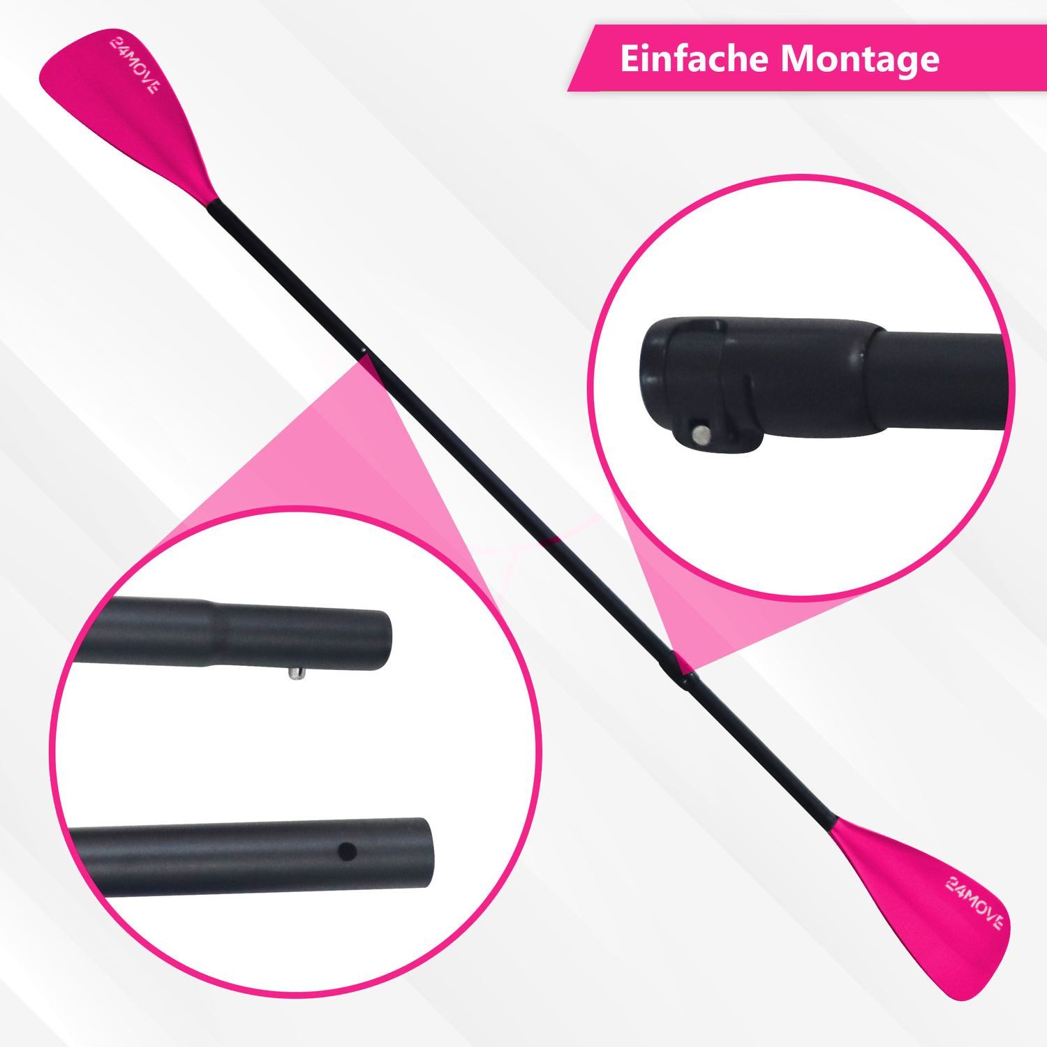 24Move Doppelpaddel, Premium Stand Up Paddle Aluminium, verstellbar, 4-teilig SUP-Paddel, (2 in 1 Paket, als Einzelpaddel oder Doppeltes Paddel, pink), für Paddelboards, Kajakboot und Ruderboot, universell einsetzbar