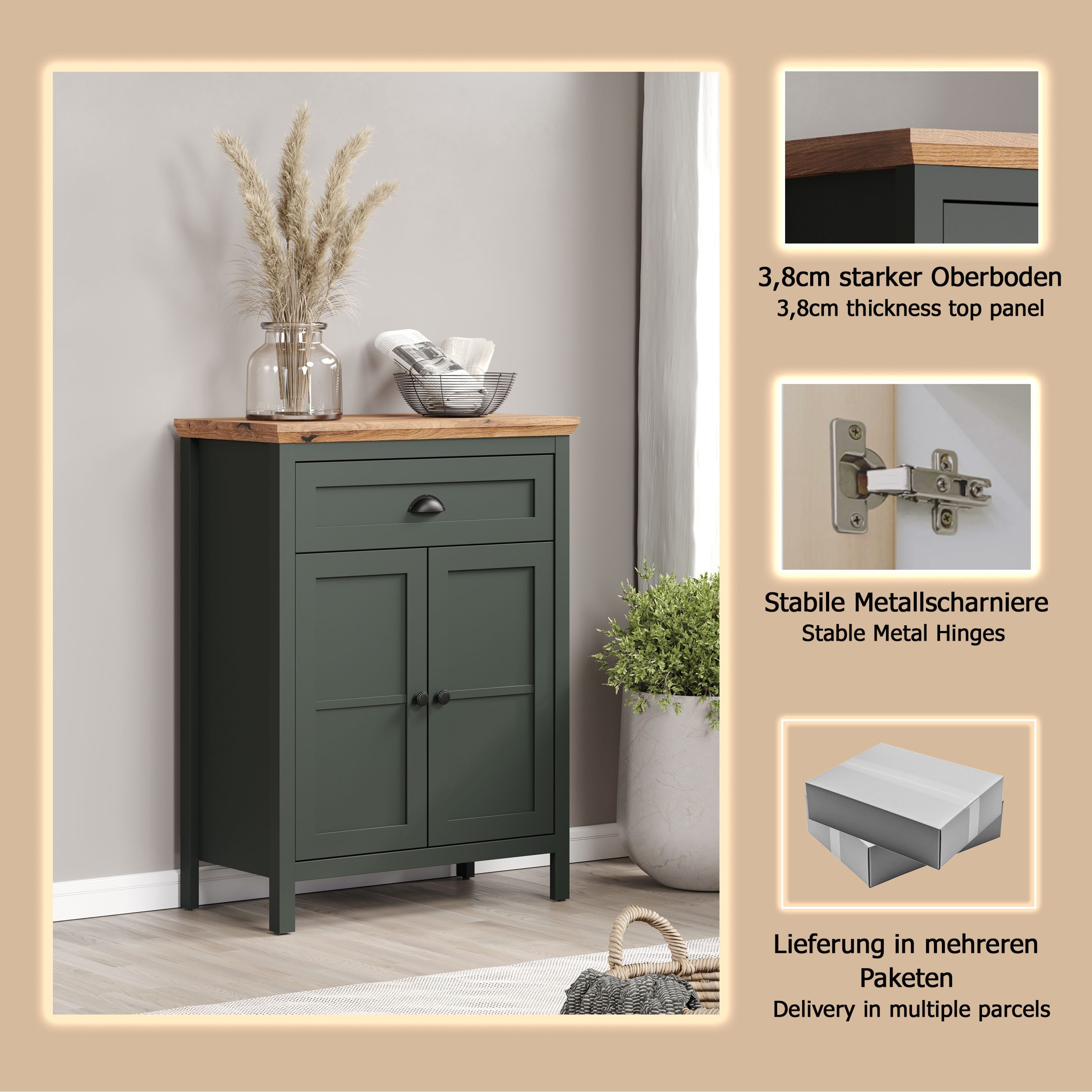 Home affaire Kommode Vienna (1 St), Kommode mit 2 Türen, 1 Schubkasten & Soft-Close - (B/T/H) 77/39/102 cm