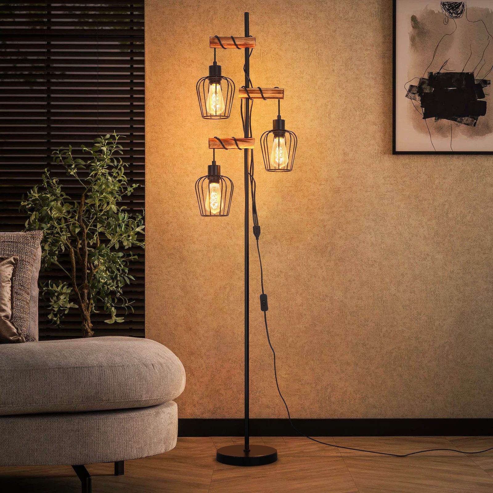 ZMH Stehlampe Wohnzimmer 1/2 Flammig 151CM Holz Retro Standleuchte Schlafzimmer, Einfache Installation, ohne Leuchtmittel, Standleuchte inkl. Schalter - Schwarz Schlafzimmer Flur