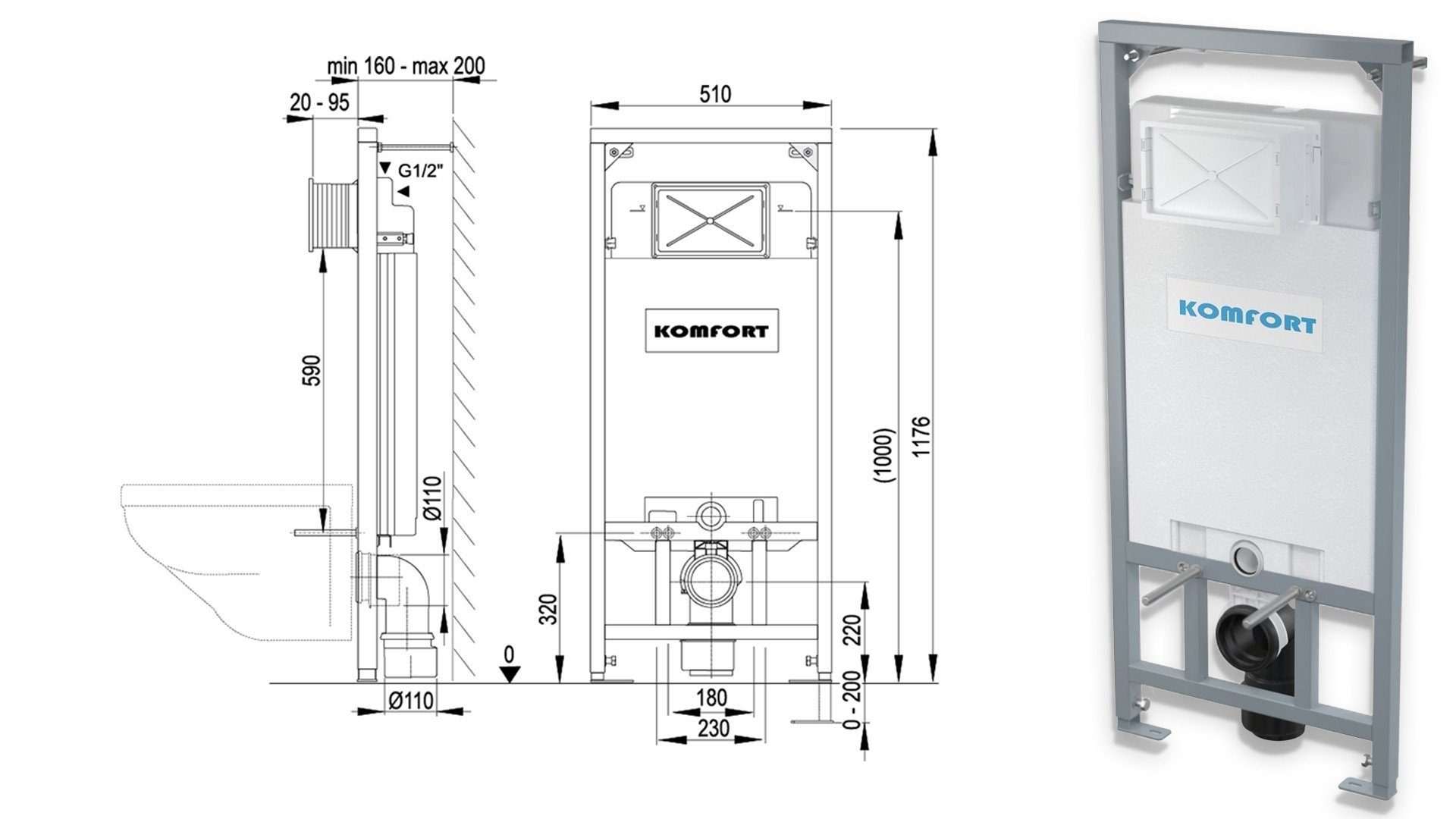 KOLMAN Vorwandelement WC C201 Unterputz Spülkasten 120 cm, 9 l, Montageelement für Wand-WC