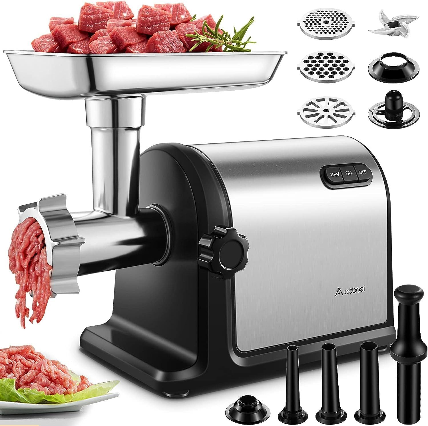 AMZCHEF Fleischwolf CE-MG42OT0H, 3000,00 W, 3-In-1 mit 3 Edelstahl-Schleifplatten, 1 Kubbe and 3 Wurstfüllrohren
