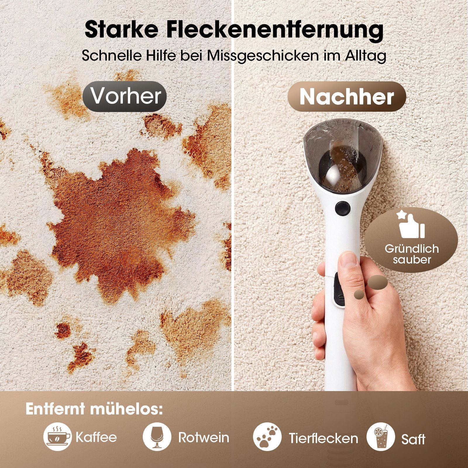 lubluelu Teppichreinigungsgerät V2 Teppichreiniger Waschsauger mit Heizfunktion Fleckenreiniger, 600 W, beutellos, mit 16000pa Saugkraft, für Sofas, Teppiche und Autositze