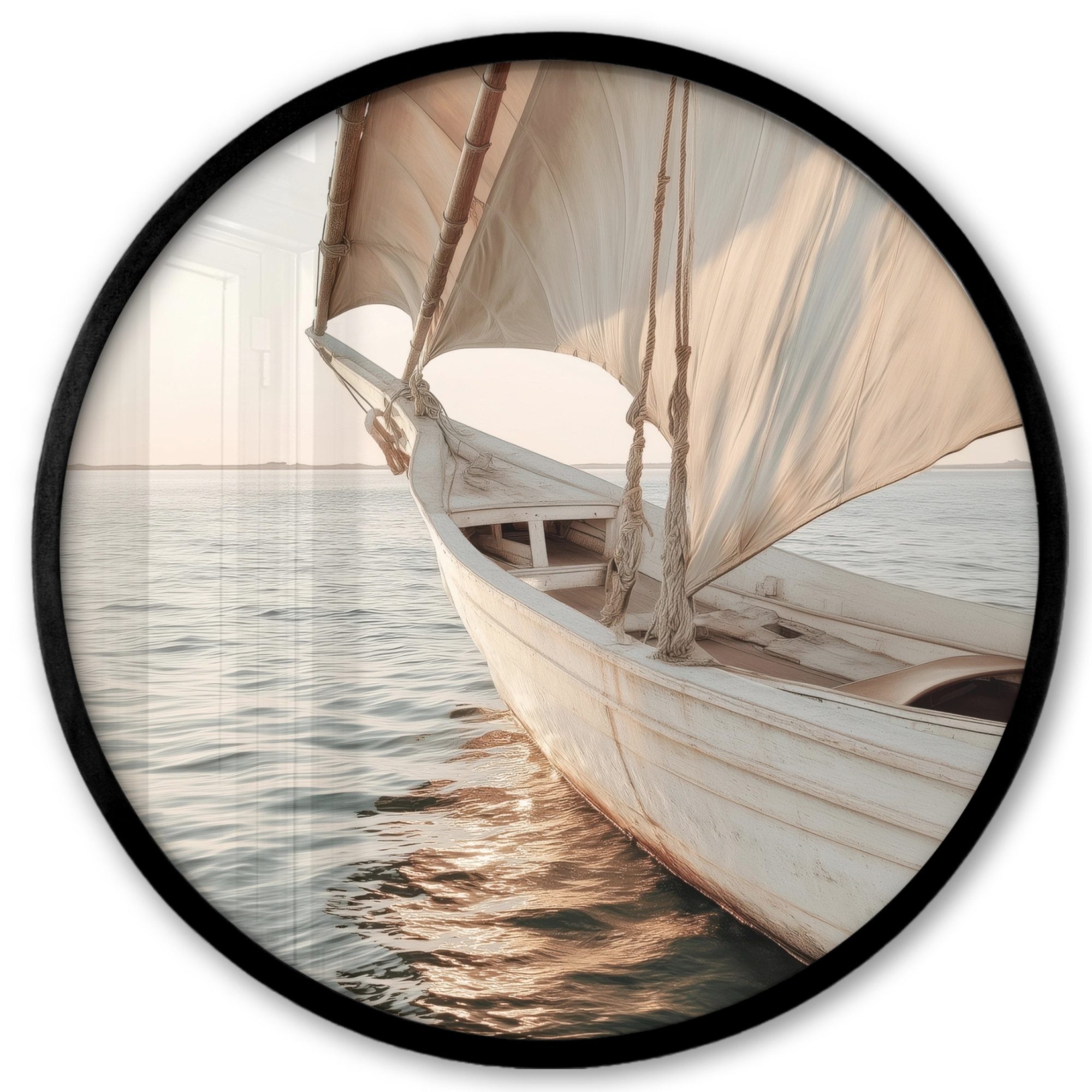 MuchoWow Poster Rund - Segelboot - Meer - Beige - Sonne, (1 St), Runde Wandbilder, Deko für Wohnzimmer und Schlafzimmer, 40x40 cm