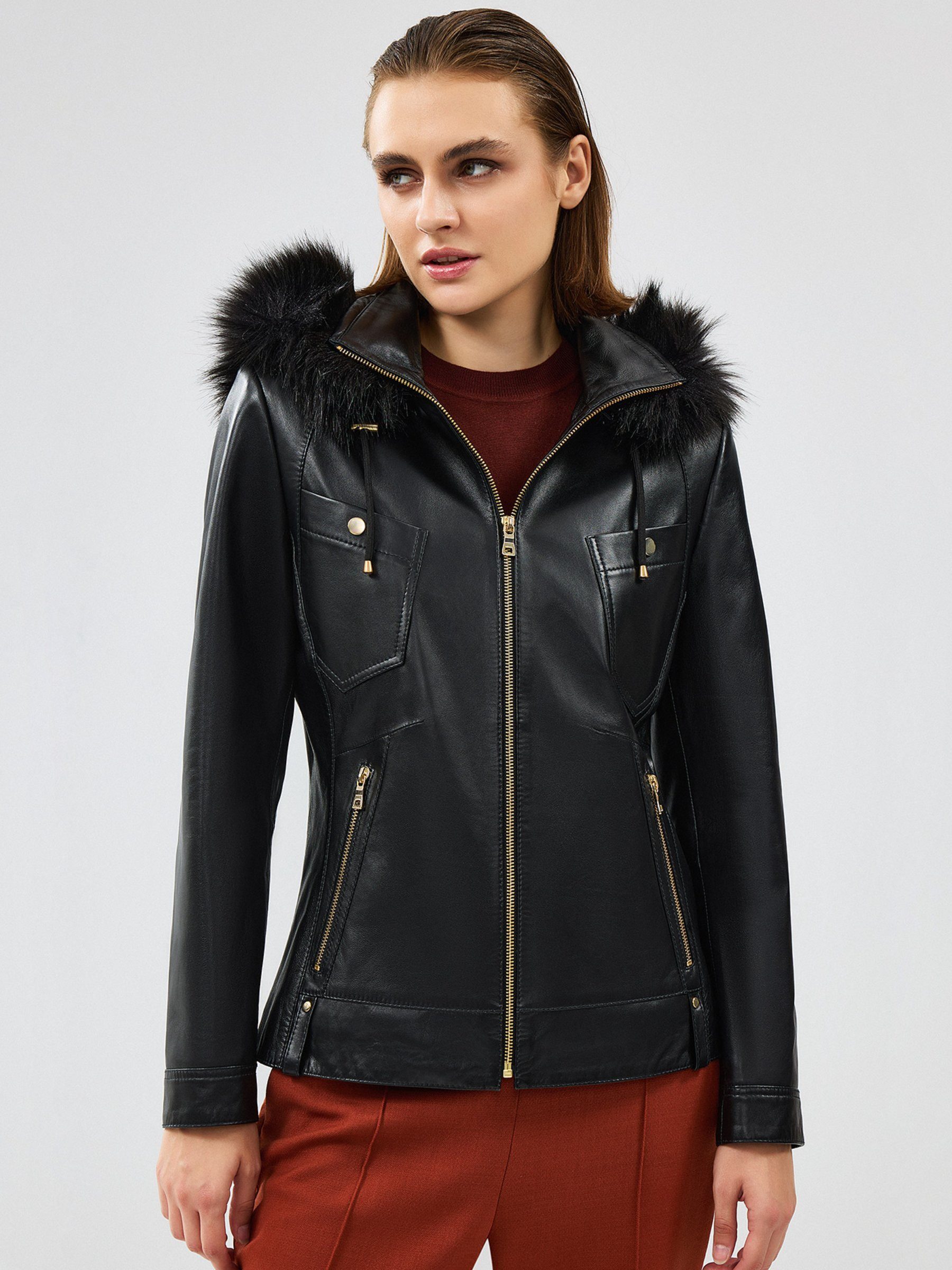 Derimod Lederjacke Meggy Lederjacke mit Kapuze und Fellbesatz