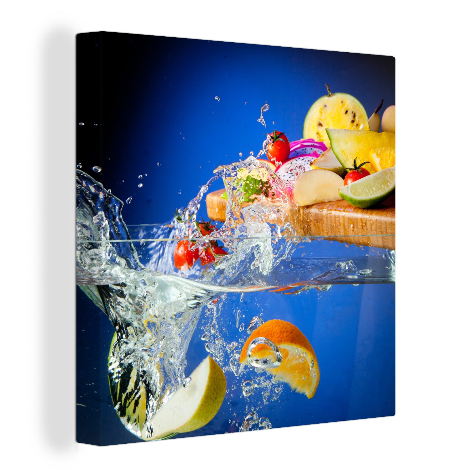 OneMillionCanvasses® Leinwandbild Obst - Schneidebrett - Wasser, (1 St), Leinwand Bilder für Wohnzimmer Schlafzimmer