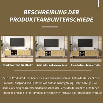 WISHDOR TV-Schrank Lowboard Fernsehtisch Landhaus (2 Rattan-Türen, 2 Rattan-Schubladen) aus Holz und Rattan, 180*40*55 cm, passend für 80 Zoll TV-Gerät